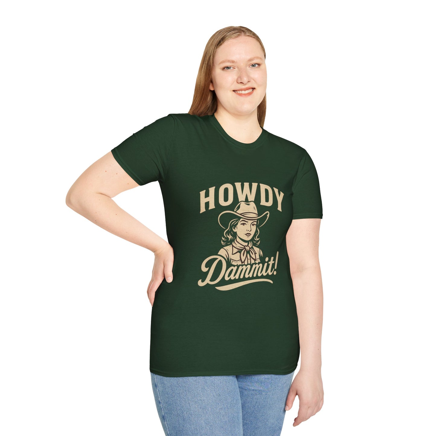 Howdy Dammit! Aggie Texas Cowgirl Softstyle Tshirt (Gold Logo)