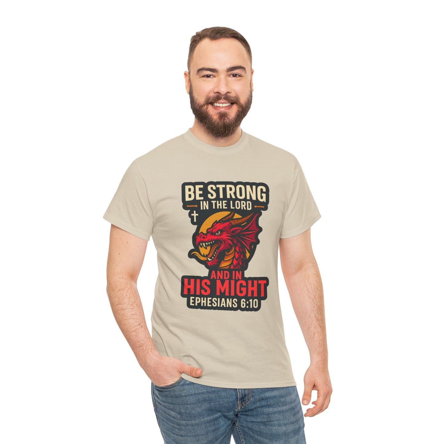 "Be Strong" Bible Verse Dragon Heavy Cotton Tshirt