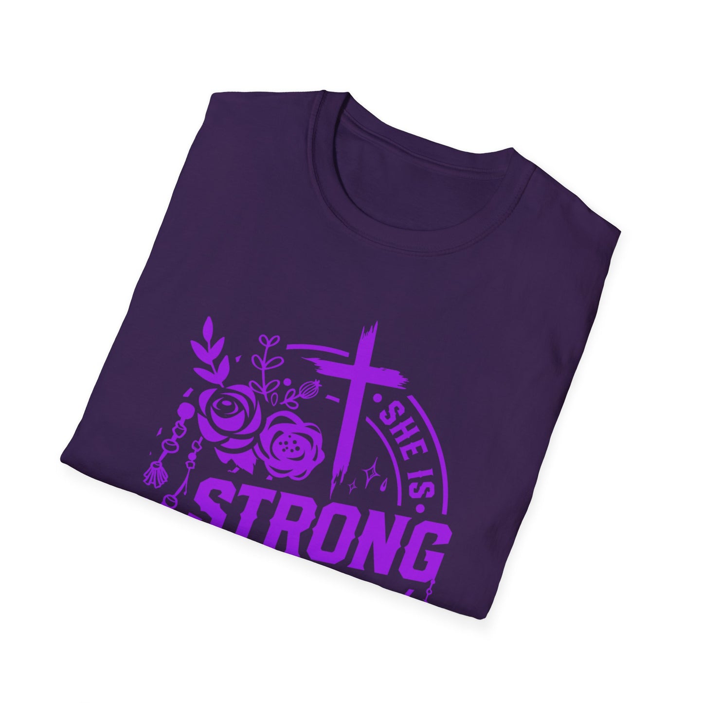 "She is Strong" Proverbs 31:25 Bible Verse Relaxed Tshirt (Hot Pink Logo)