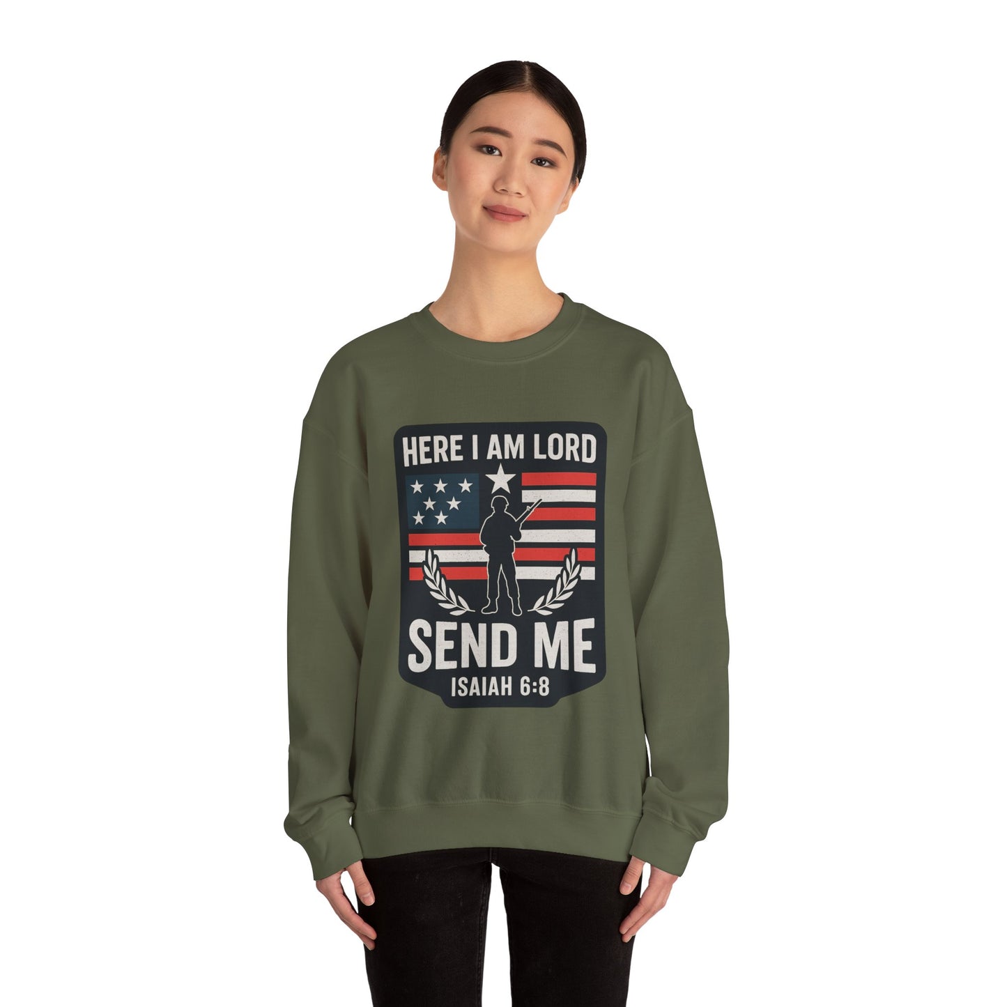 "Here I Am Lord" Isaiah 6:8 Bible Verse Christian Sweatshirt (Soldier Logo)