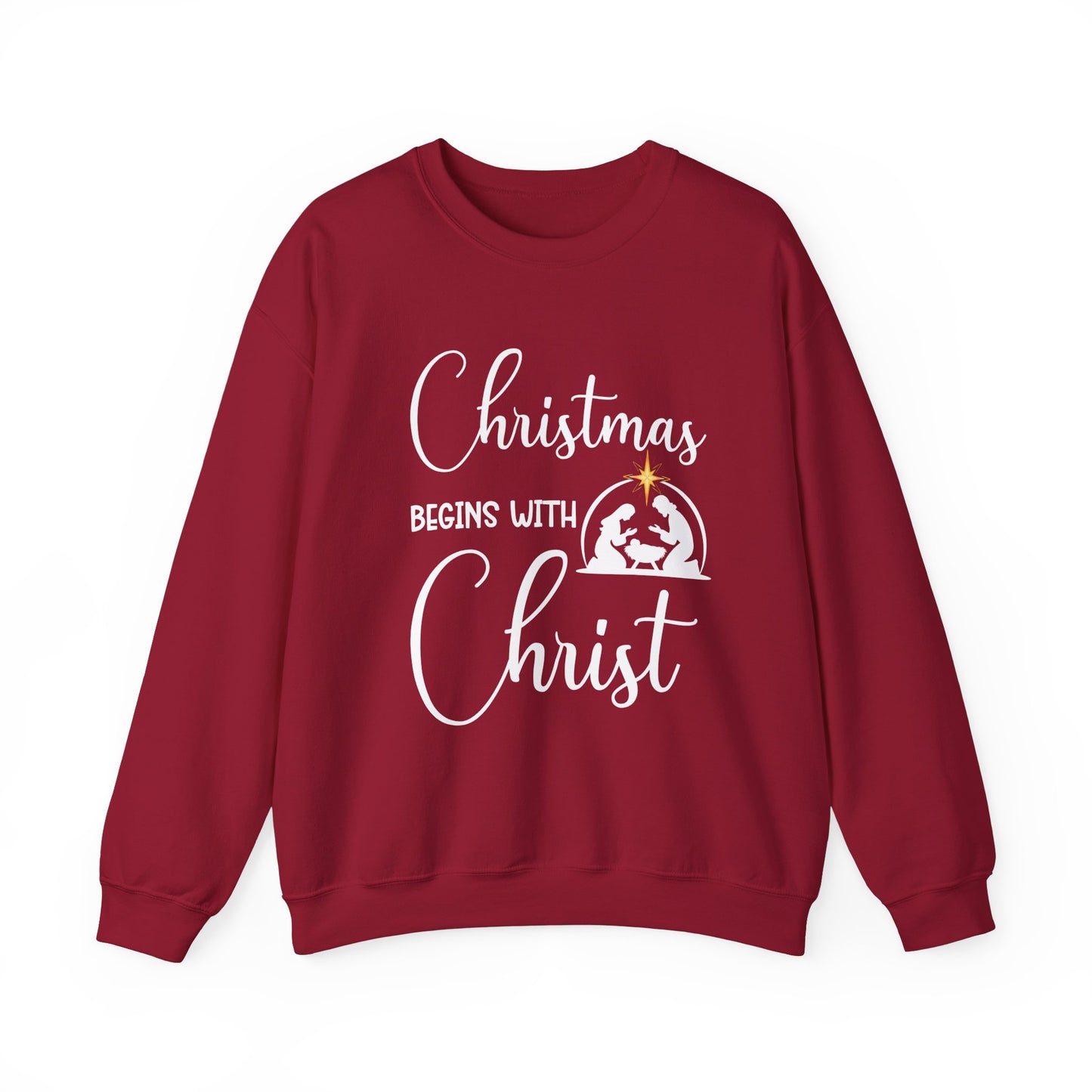 Christmas Begins with Christ Heavy Crewneck Sweatshirt (White/Gold Logo) - Sweet Baby Jeez Teez