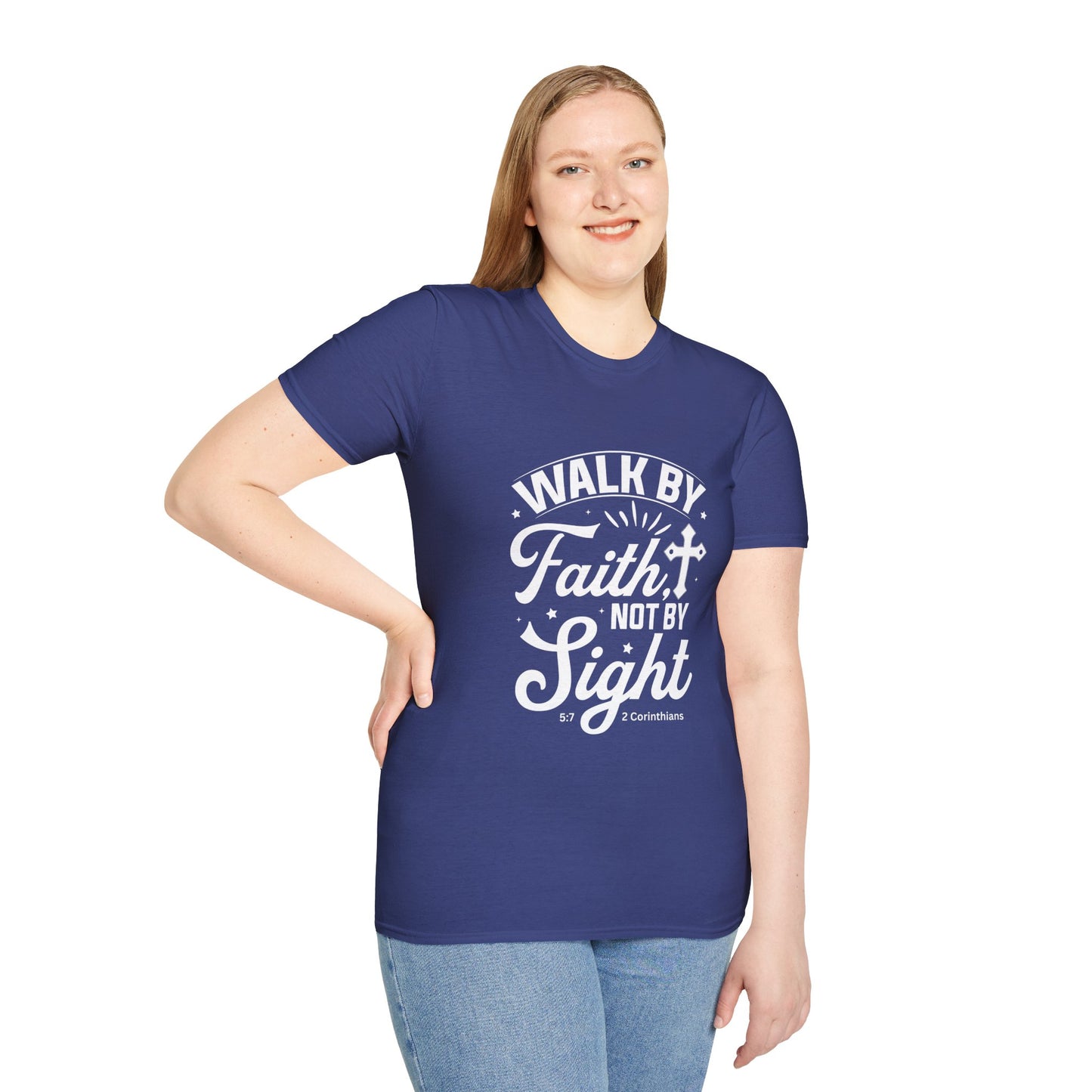 Walk by Faith 2 Corinth. 5:7 Bible Verse Christian Softstyle Tshirt (White Logo)
