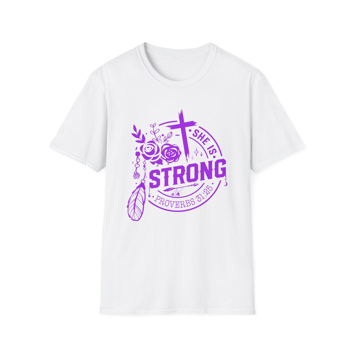 "She is Strong" Proverbs 31:25 Bible Verse Relaxed Tshirt (Hot Pink Logo)