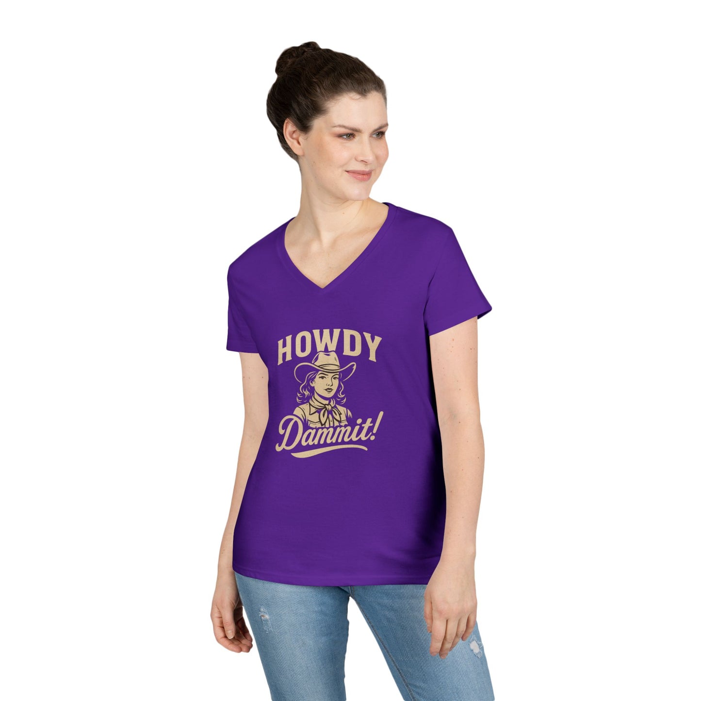 Howdy Dammit! Aggie Texas Cowgirl Ladies V-Neck Tshirt (Gold Logo)