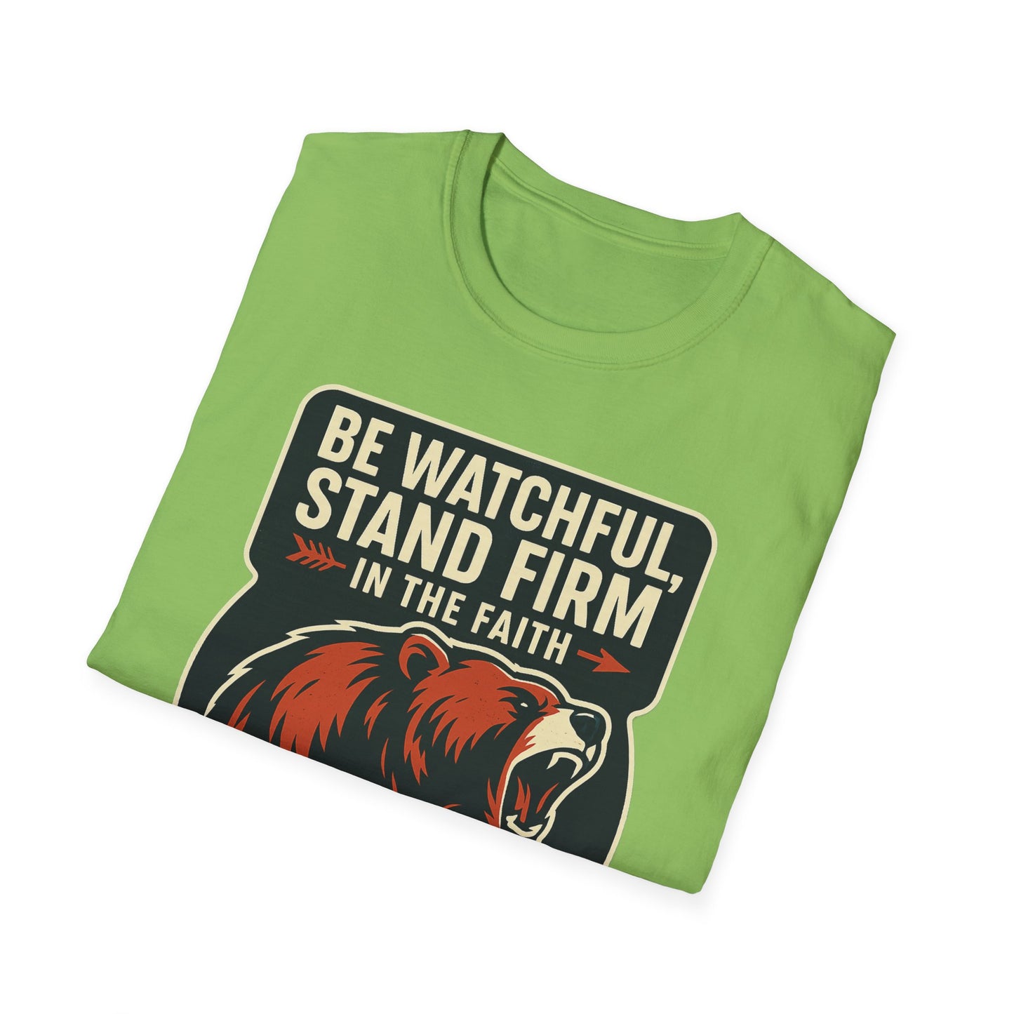 "Stand Firm in Faith" Bear Bible Verse Softstyle Tshirt