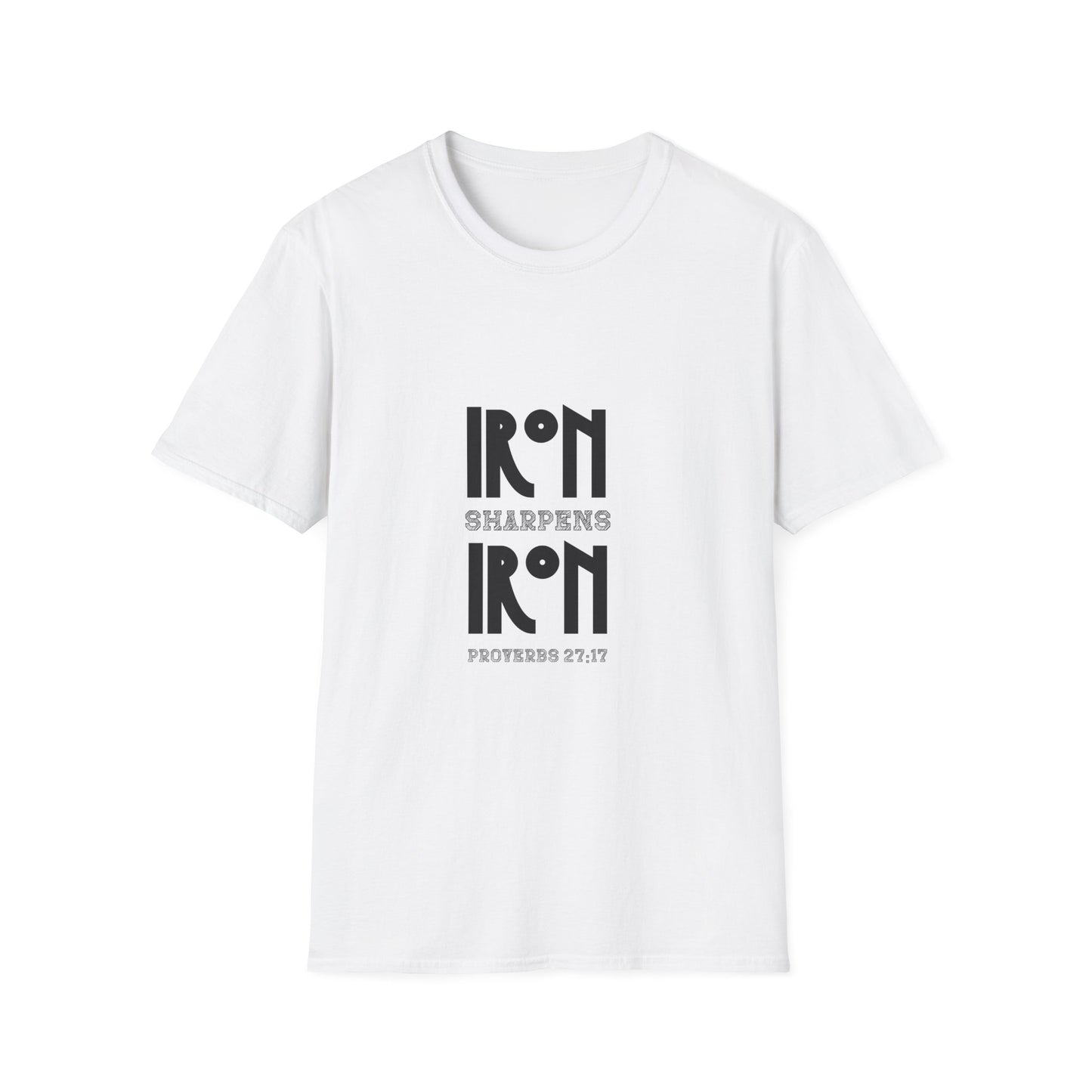 "Iron Sharpens Iron" Bible Verse Christian Inspirational Softstyle Tshirt (Black Logo)