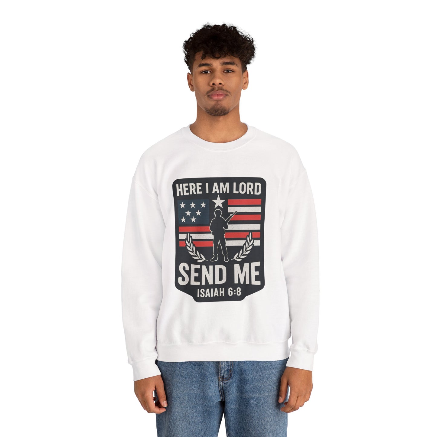 "Here I Am Lord" Isaiah 6:8 Bible Verse Christian Sweatshirt (Soldier Logo)