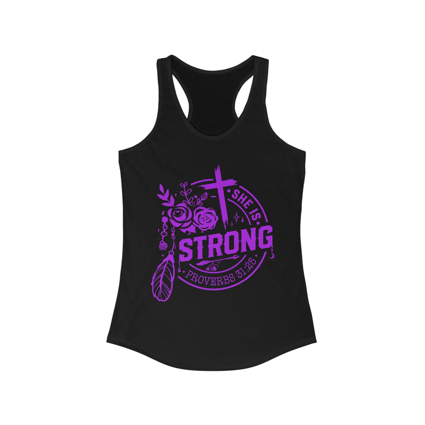 "She is Strong" Proverbs 31:25 Bible Verse Women's Racerback Tank (Hot Pink Logo)