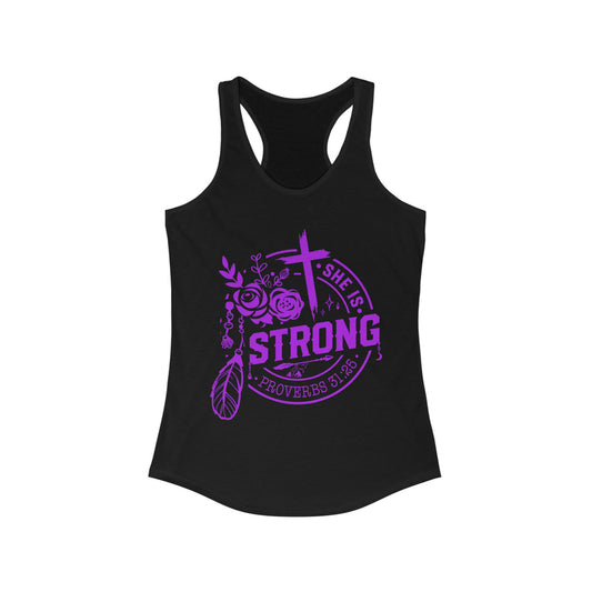 "She is Strong" Proverbs 31:25 Bible Verse Women's Racerback Tank (Hot Pink Logo)