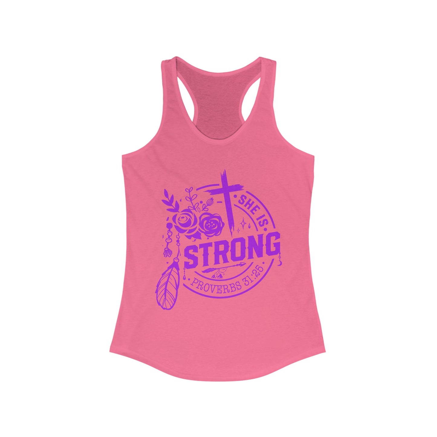 "She is Strong" Proverbs 31:25 Bible Verse Women's Racerback Tank (Hot Pink Logo)