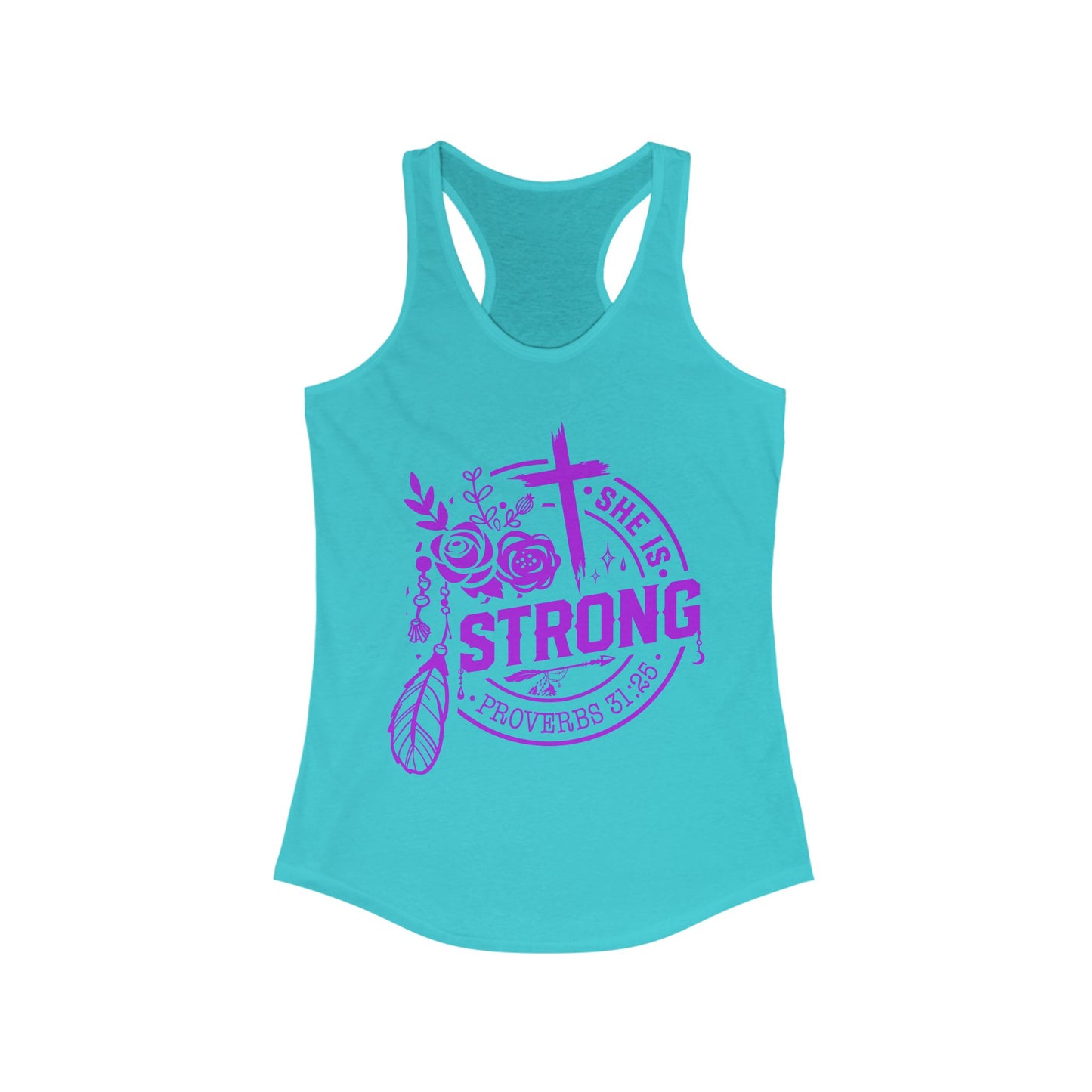 "She is Strong" Proverbs 31:25 Bible Verse Women's Racerback Tank (Hot Pink Logo)
