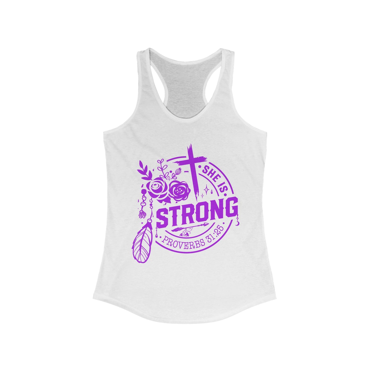 "She is Strong" Proverbs 31:25 Bible Verse Women's Racerback Tank (Hot Pink Logo)