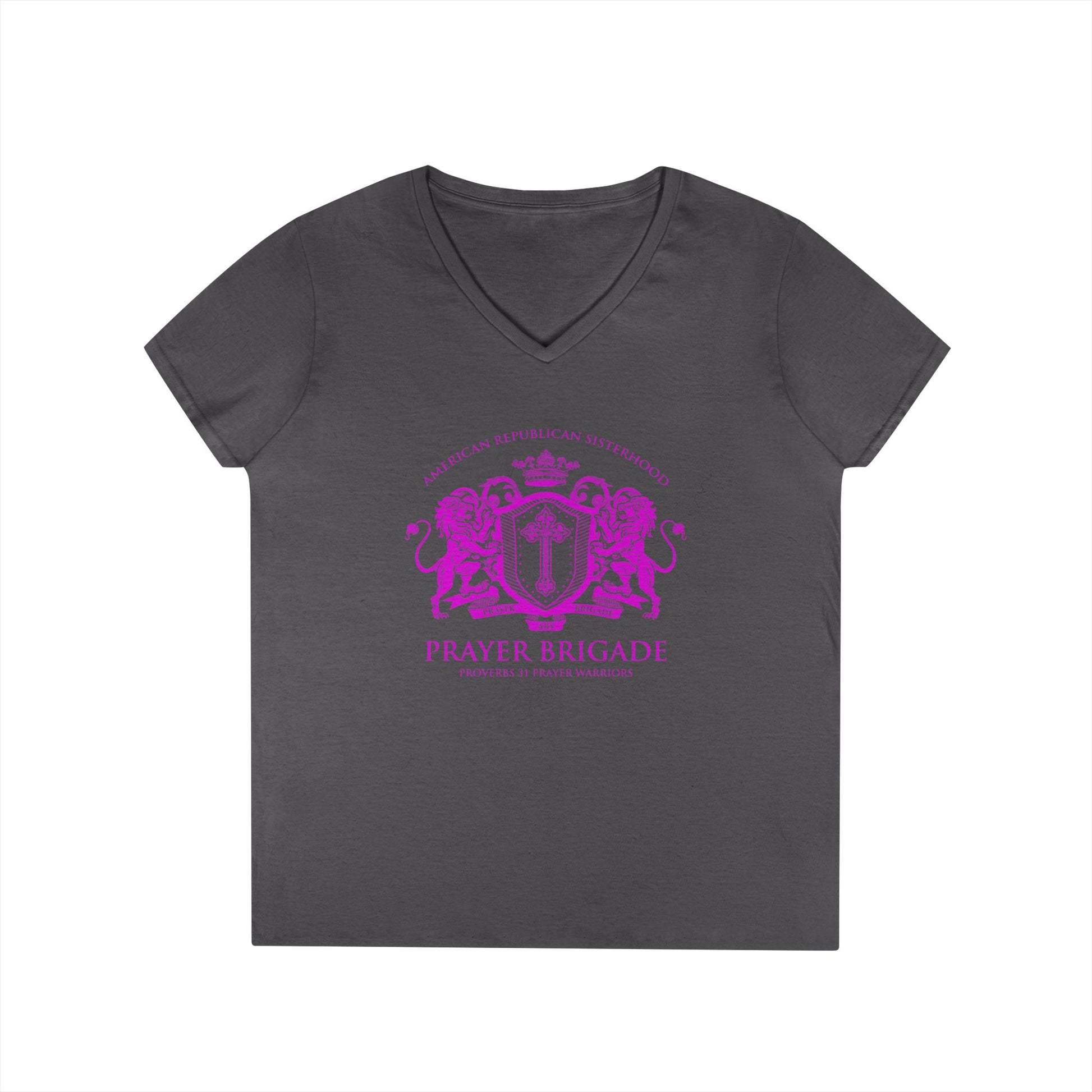 ARS Prayer Brigade Ladies' V-Neck T-Shirt (Dark Gray with Hot Pink Logo) - Sweet Baby Jeez Teez