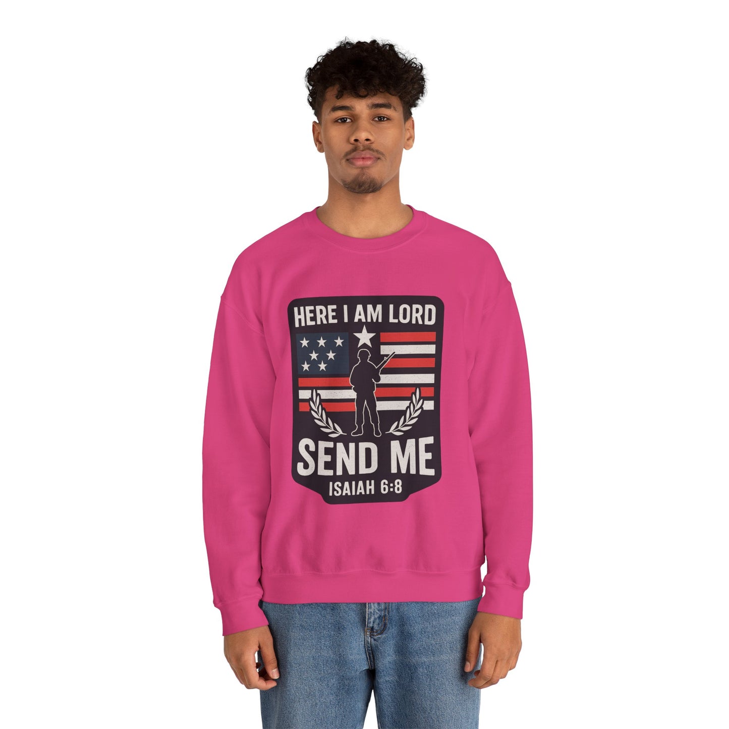 "Here I Am Lord" Isaiah 6:8 Bible Verse Christian Sweatshirt (Soldier Logo)