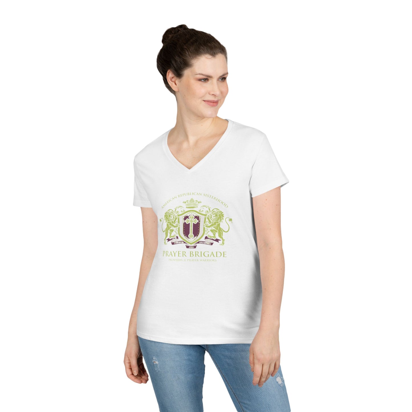 ARS Prayer Brigade Ladies' V-Neck T-Shirt (Green/Purple Logo)