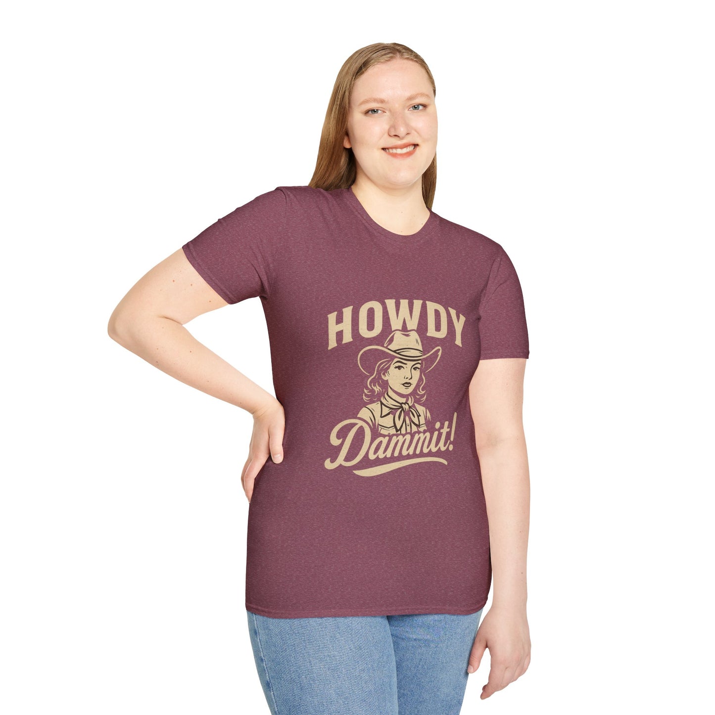Howdy Dammit! Aggie Texas Cowgirl Softstyle Tshirt (Gold Logo)