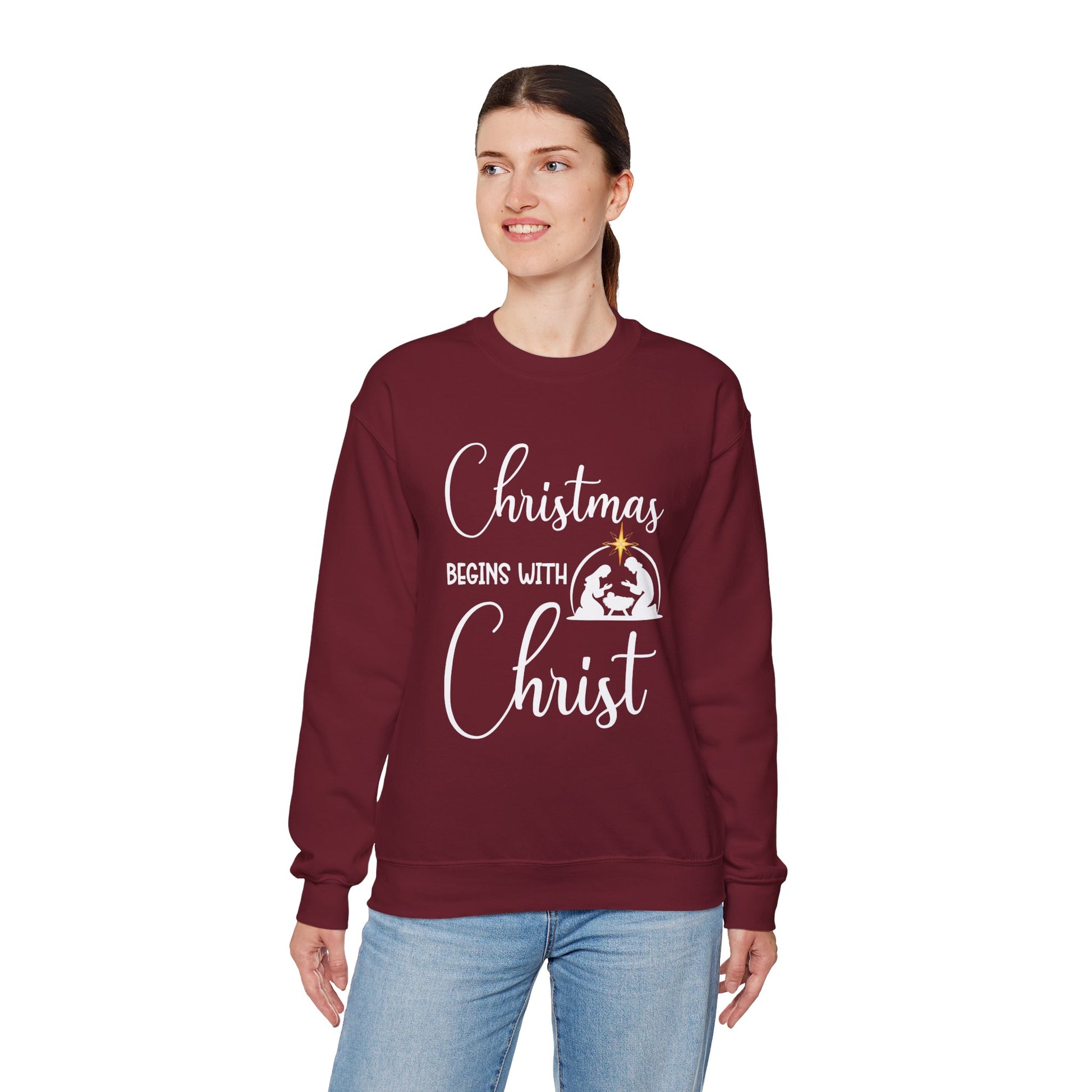 Christmas Begins with Christ Heavy Crewneck Sweatshirt (White/Gold Logo) - Sweet Baby Jeez Teez