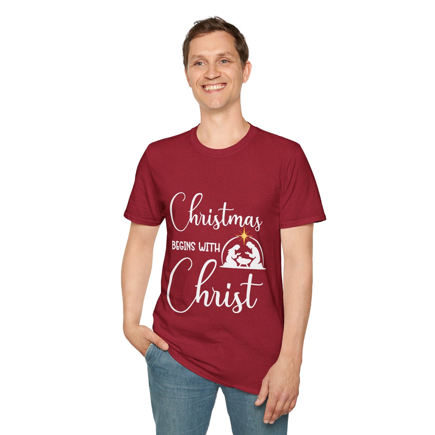 Christmas Begins with Christ Men's Tshirt (White/Gold Logo)