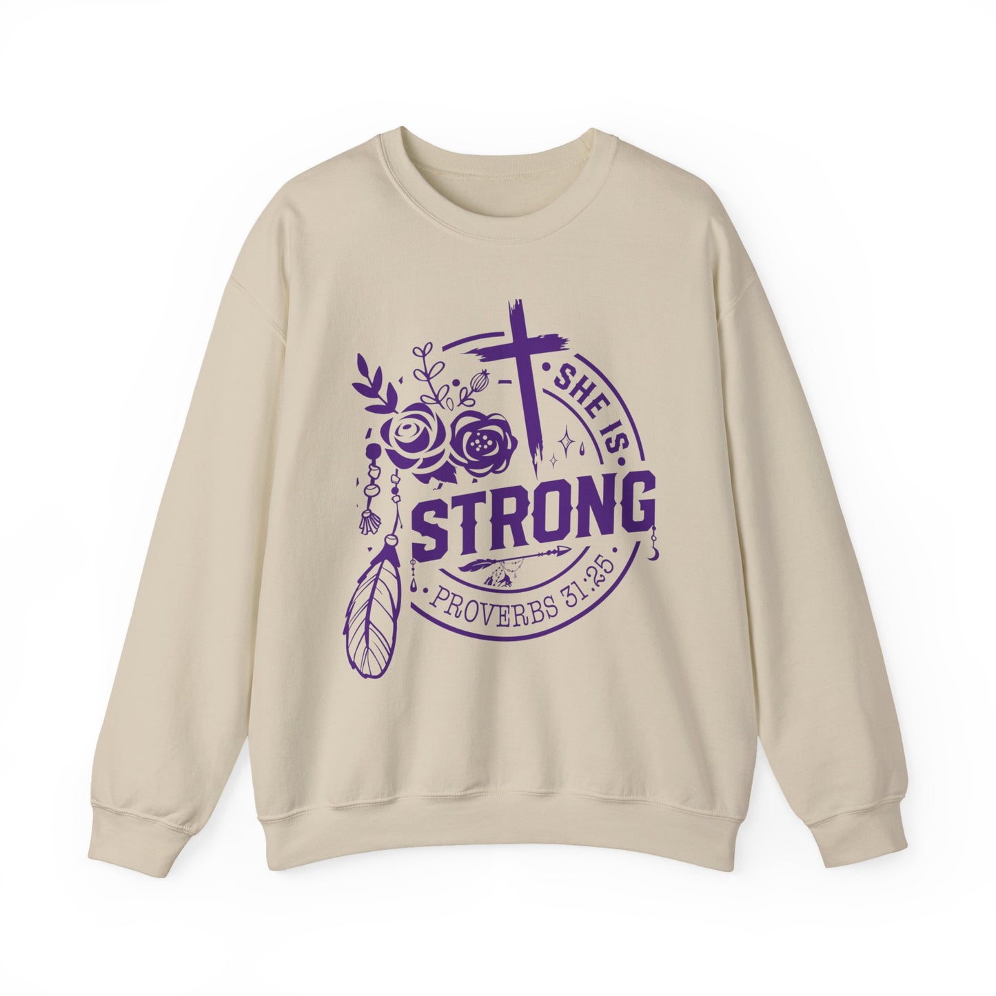 "She is Strong" Proverbs 31:25 Bible Verse Women's Sweatshirt (Plum Logo)