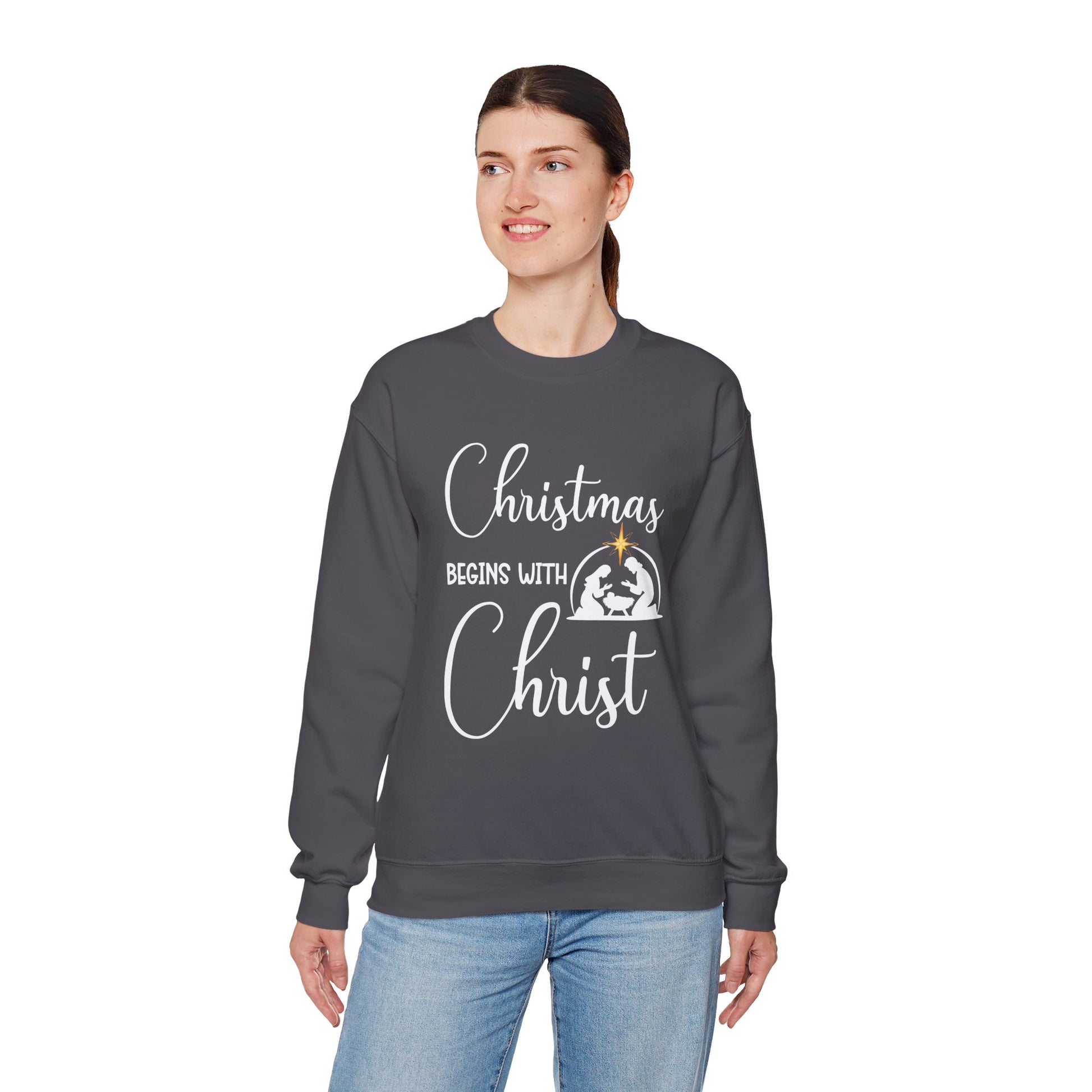 Christmas Begins with Christ Heavy Crewneck Sweatshirt (White/Gold Logo) - Sweet Baby Jeez Teez