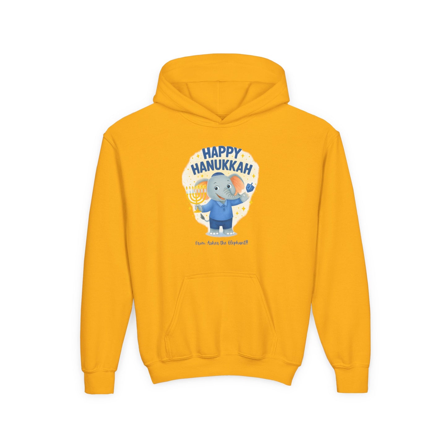 Happy Hanukkah Asher the Elephant Kids Hoodie (Standing Logo)