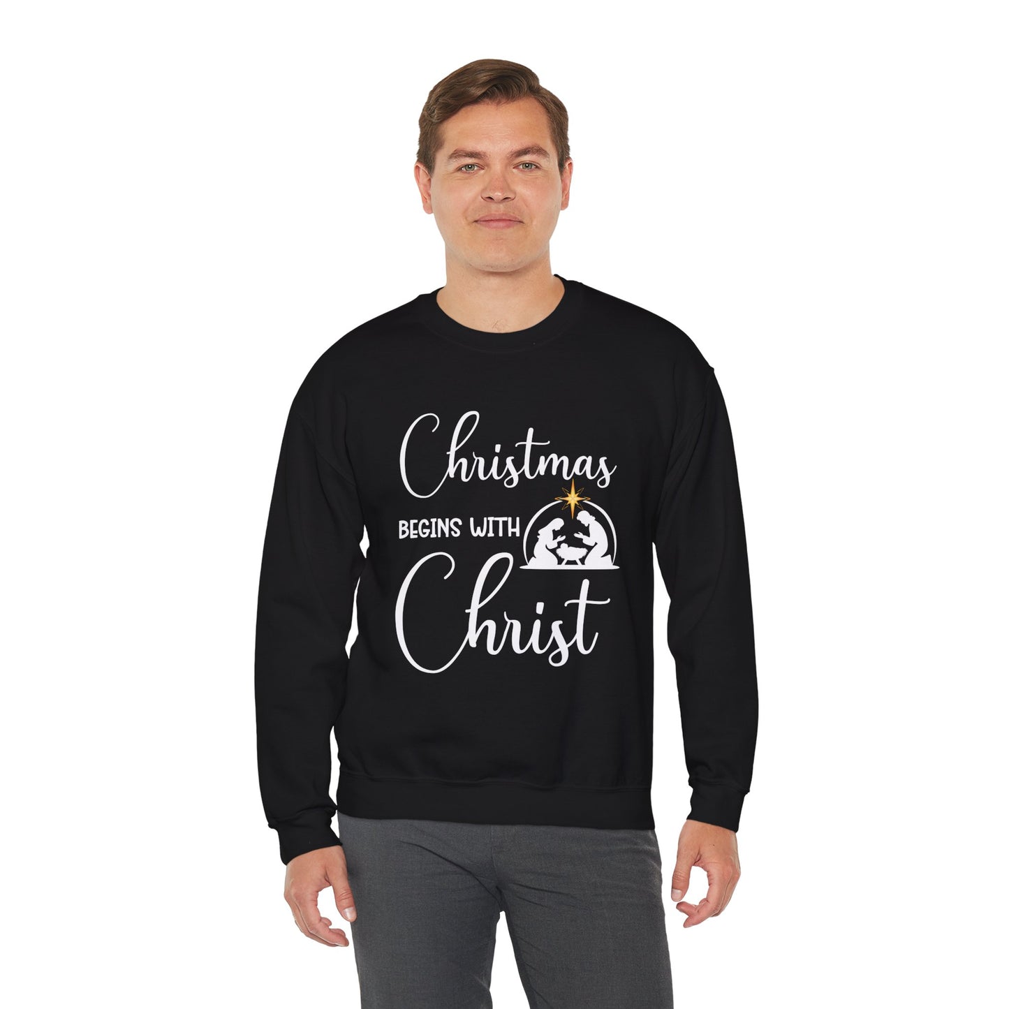 Christmas Begins with Christ Heavy Crewneck Sweatshirt (White/Gold Logo) - Sweet Baby Jeez Teez
