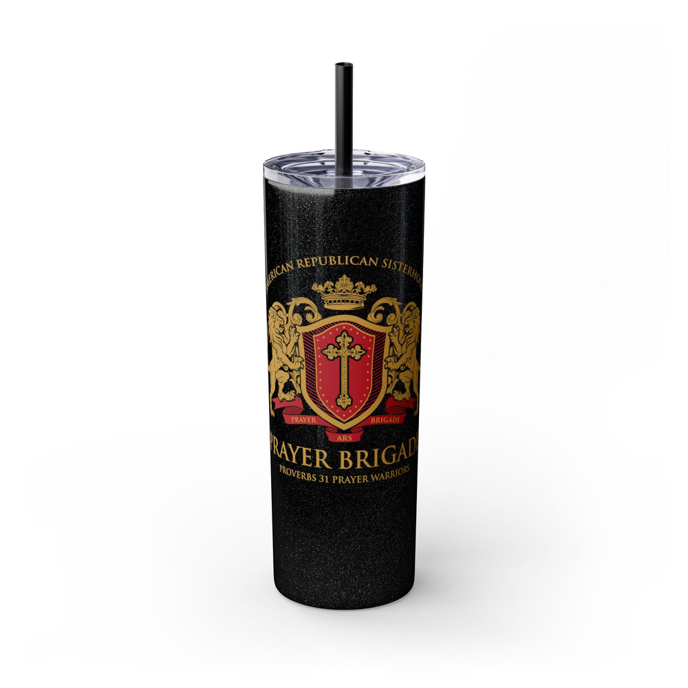 ARS Prayer Brigade Skinny Tumbler with Straw (20oz Glitter Black with Gold/Red Logo)