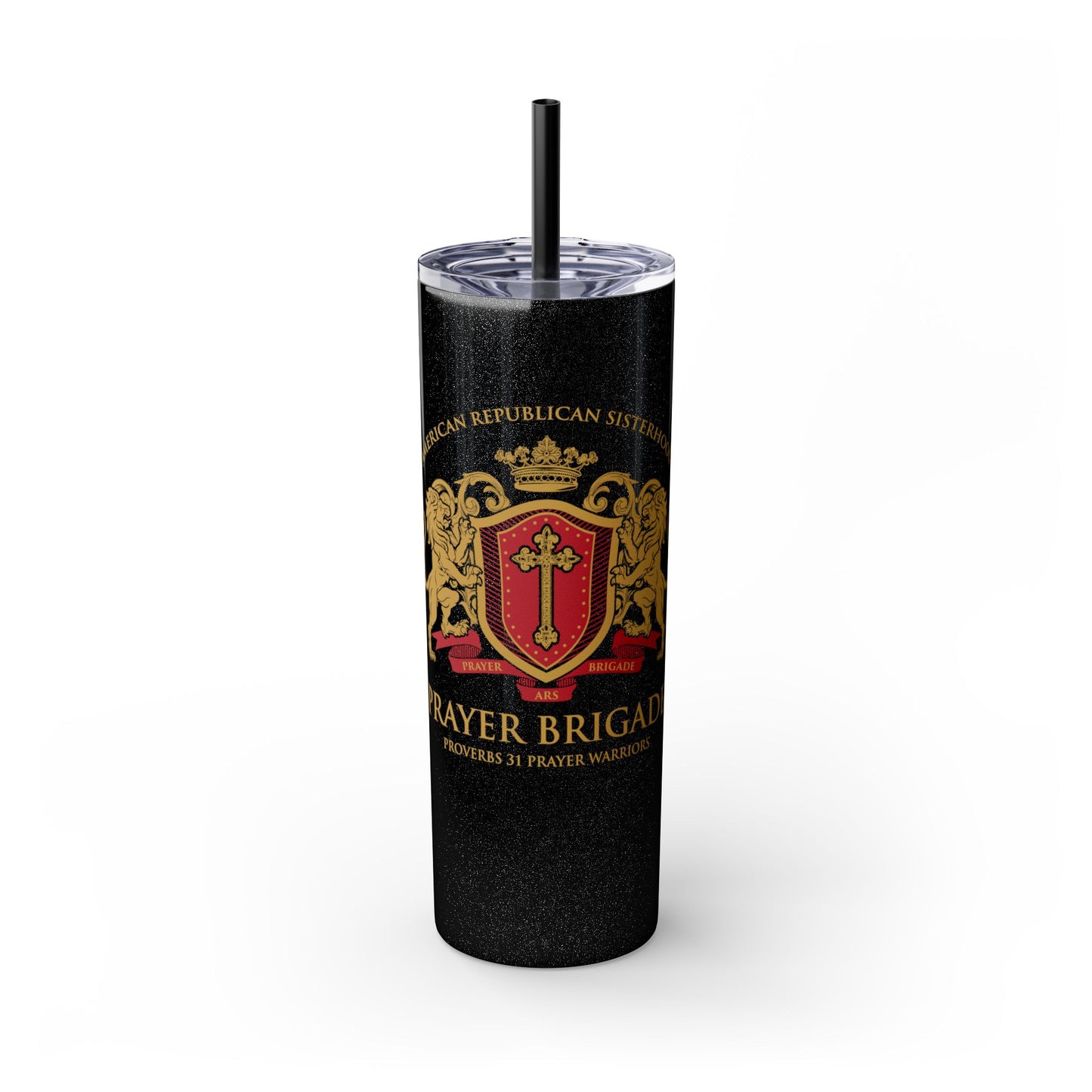 ARS Prayer Brigade Skinny Tumbler with Straw (20oz Glitter Black with Gold/Red Logo)