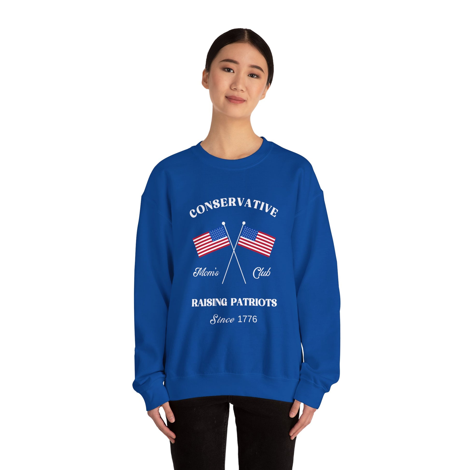 Conservative Mom's Club Crewneck Sweatshirt - Raising Patriots Since 1776 (White Logo) - Sweet Baby Jeez Teez