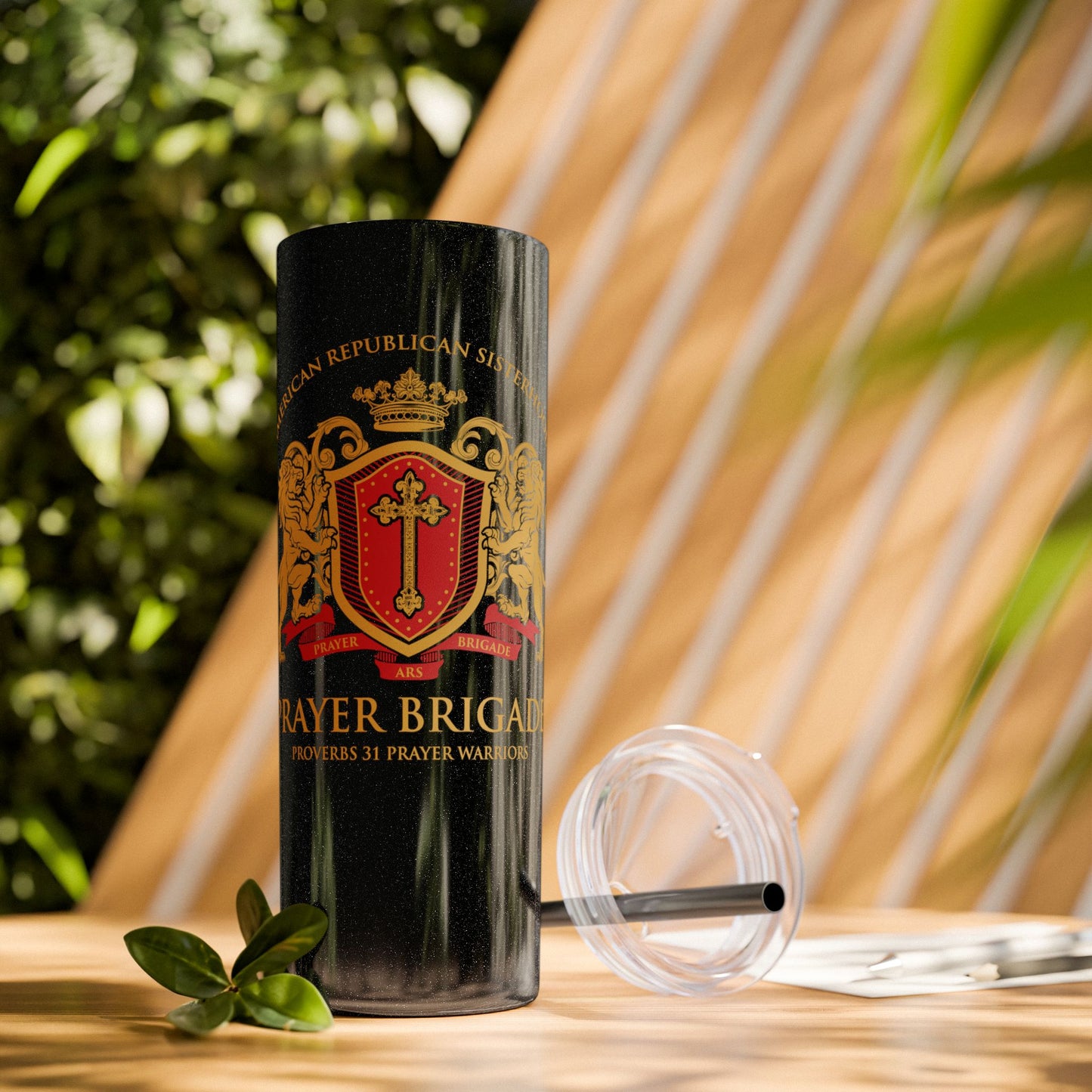ARS Prayer Brigade Skinny Tumbler with Straw (20oz Glitter Black with Gold/Red Logo)