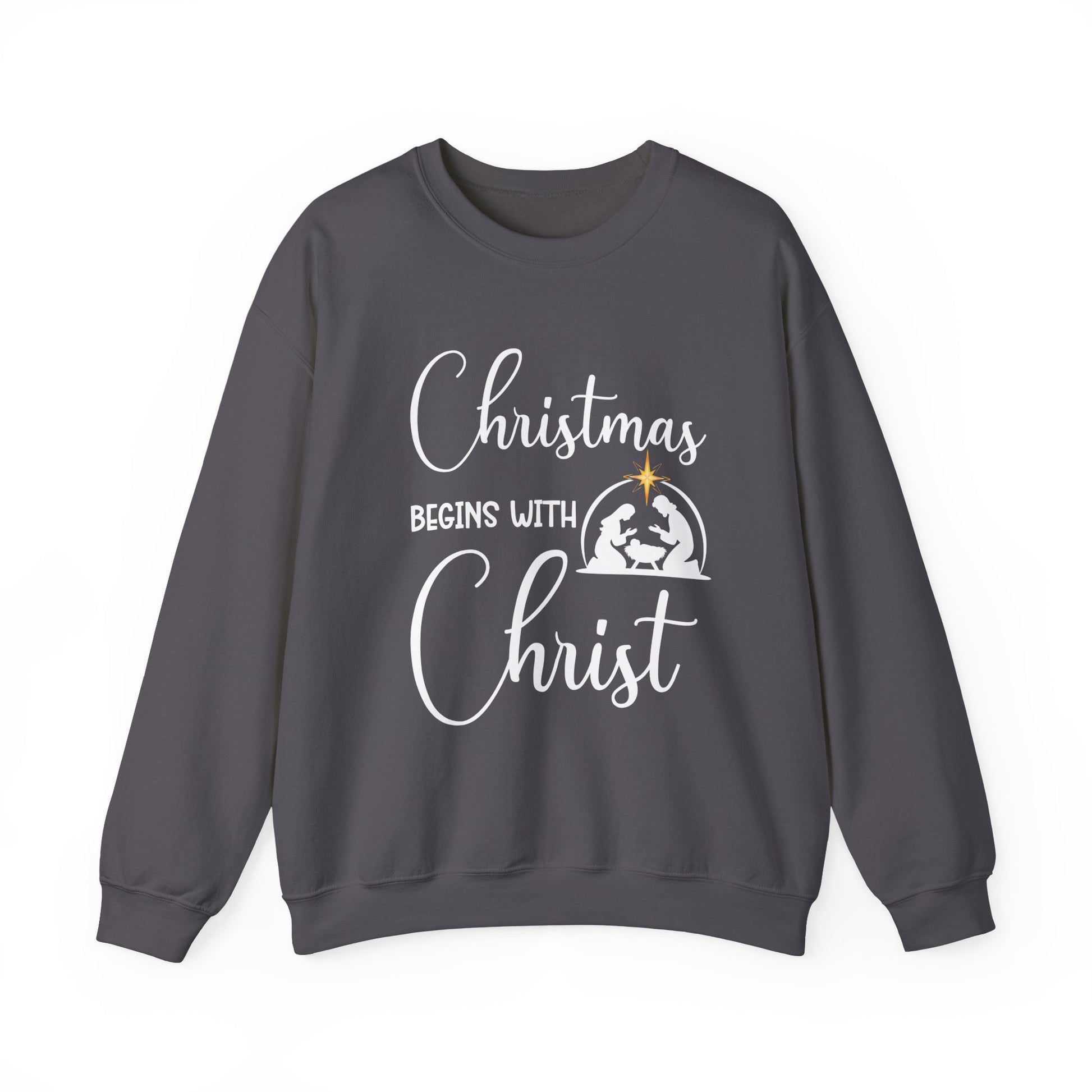 Christmas Begins with Christ Heavy Crewneck Sweatshirt (White/Gold Logo) - Sweet Baby Jeez Teez