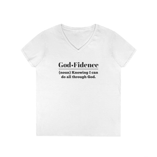 God-Fidence V-Neck T-Shirt (Black Logo) | Inspirational Tee, Christian Apparel, Gift for Her, Faith-Based Style, Motivational Clothing - Sweet Baby Jeez Teez