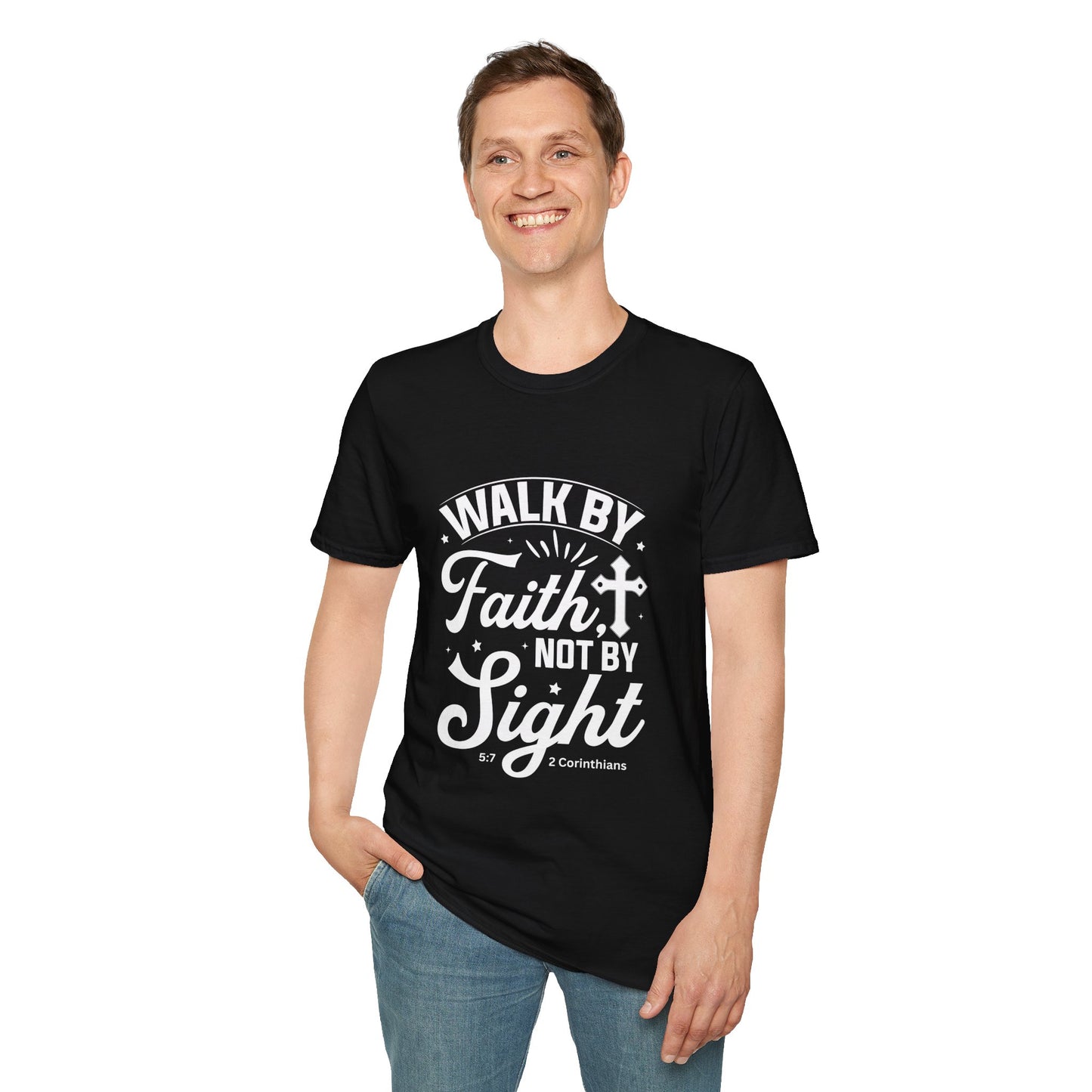 Walk by Faith 2 Corinth. 5:7 Bible Verse Christian Softstyle Tshirt (White Logo)