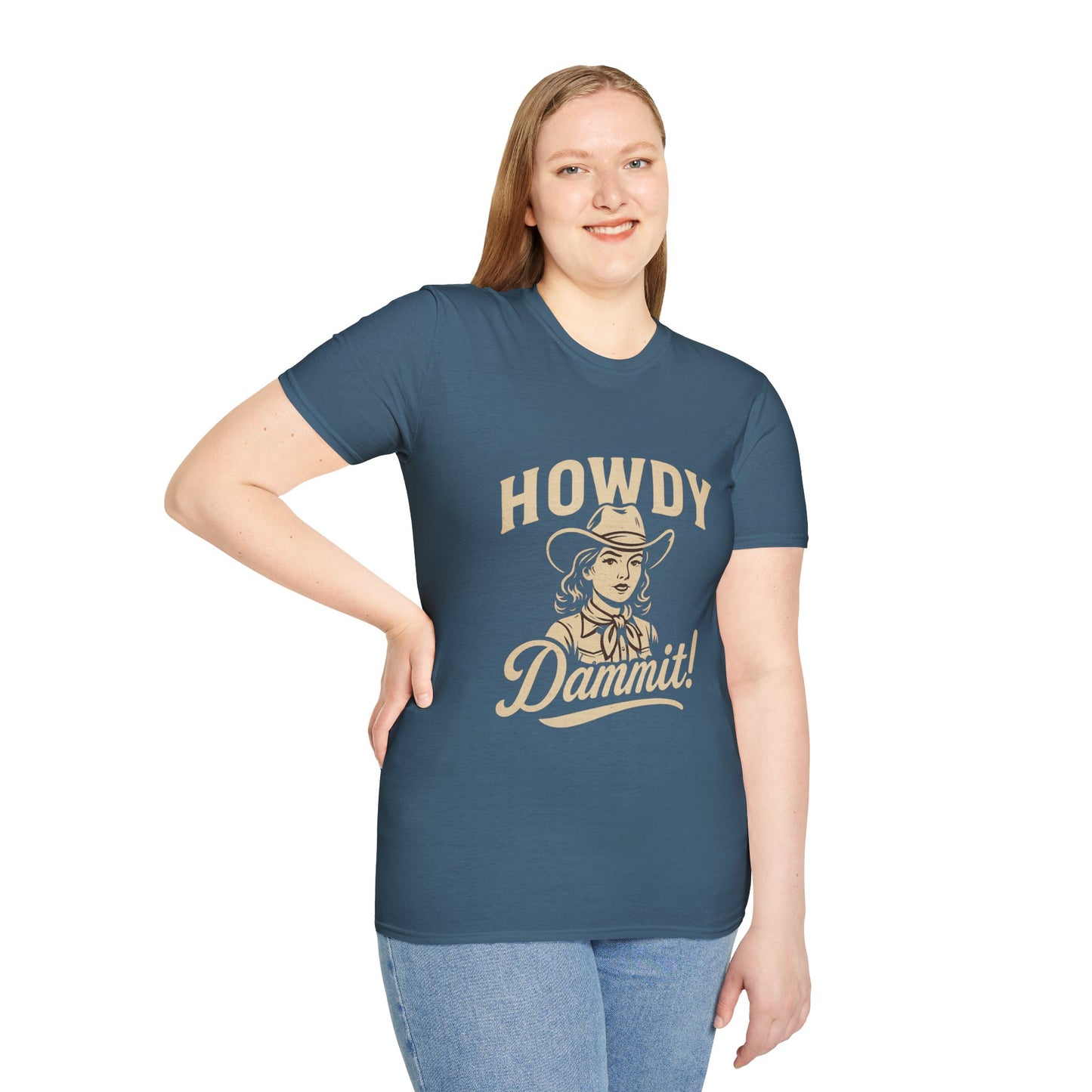 Howdy Dammit! Aggie Texas Cowgirl Softstyle Tshirt (Gold Logo)