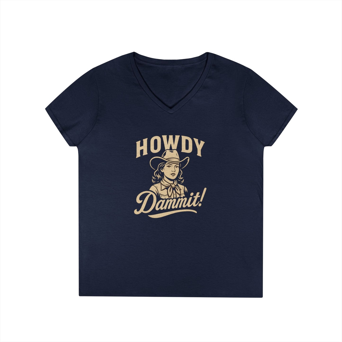Howdy Dammit! Aggie Texas Cowgirl Ladies V-Neck Tshirt (Gold Logo)