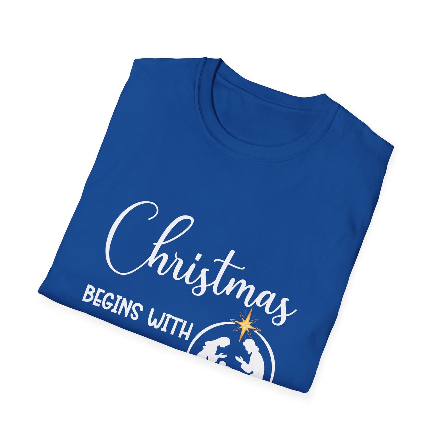 Christmas Begins with Christ Men's Tshirt (White/Gold Logo)
