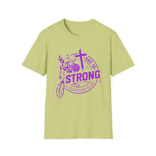 "She is Strong" Proverbs 31:25 Bible Verse Relaxed Tshirt (Hot Pink Logo)