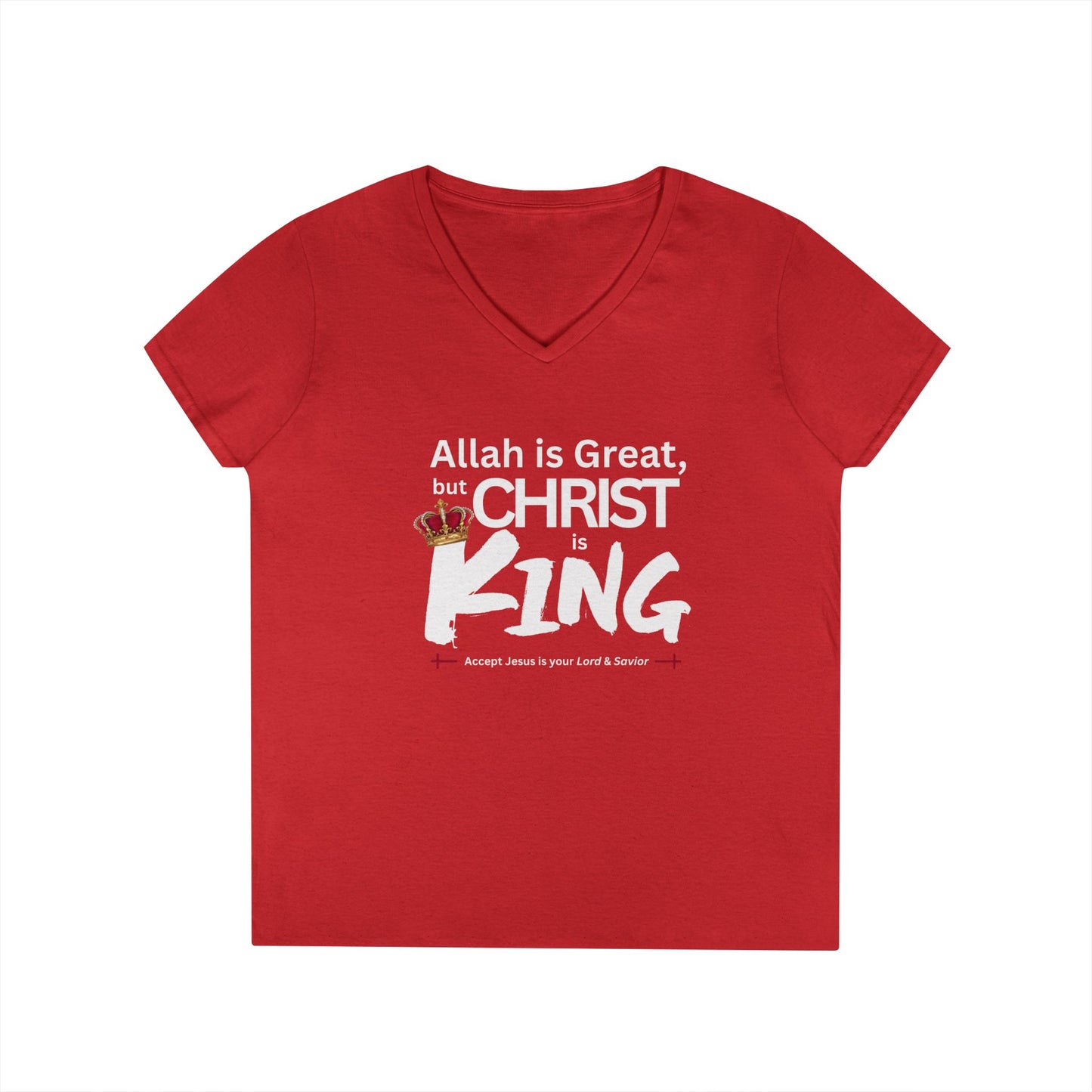 "Christ is King" Women's V-Neck Tshirt (Great Logo - White) - Sweet Baby Jeez Teez