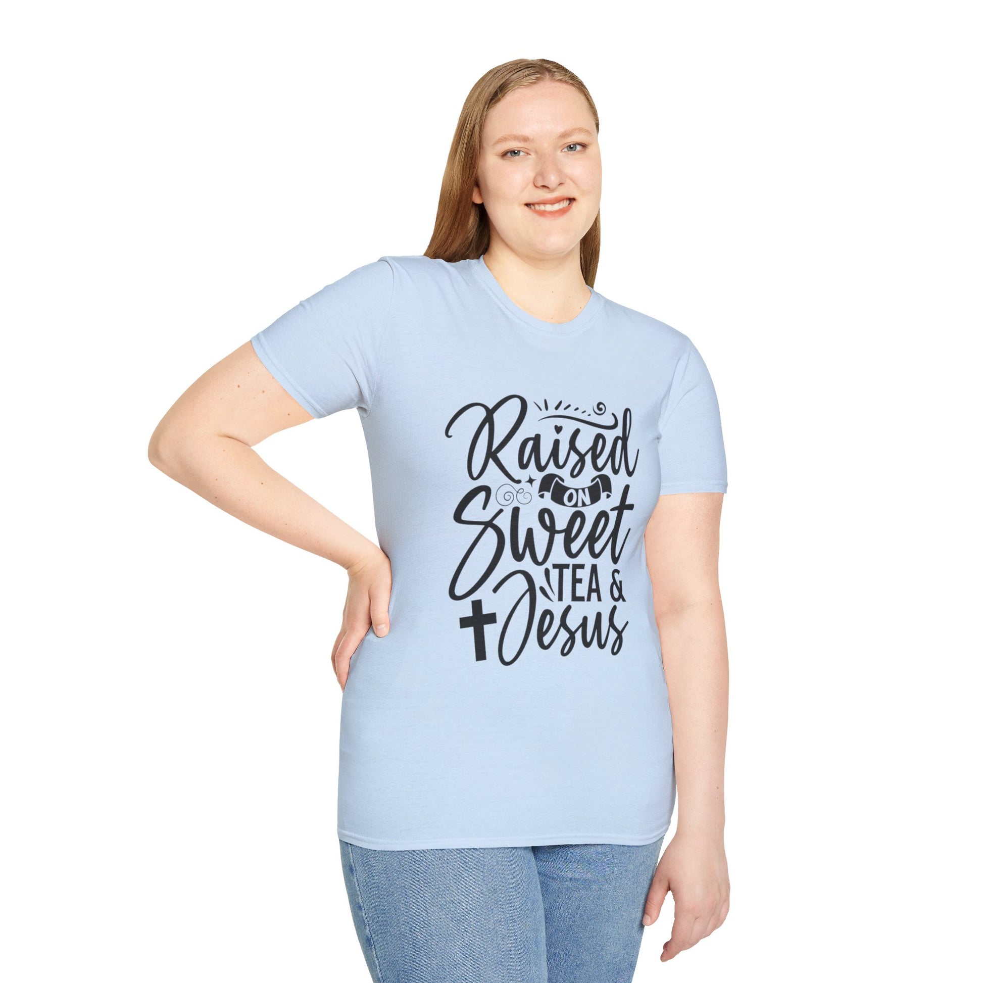 Sweet Tea and Jesus Women's Relaxed/Plus Tshirt (Black Logo) - Sweet Baby Jeez Teez