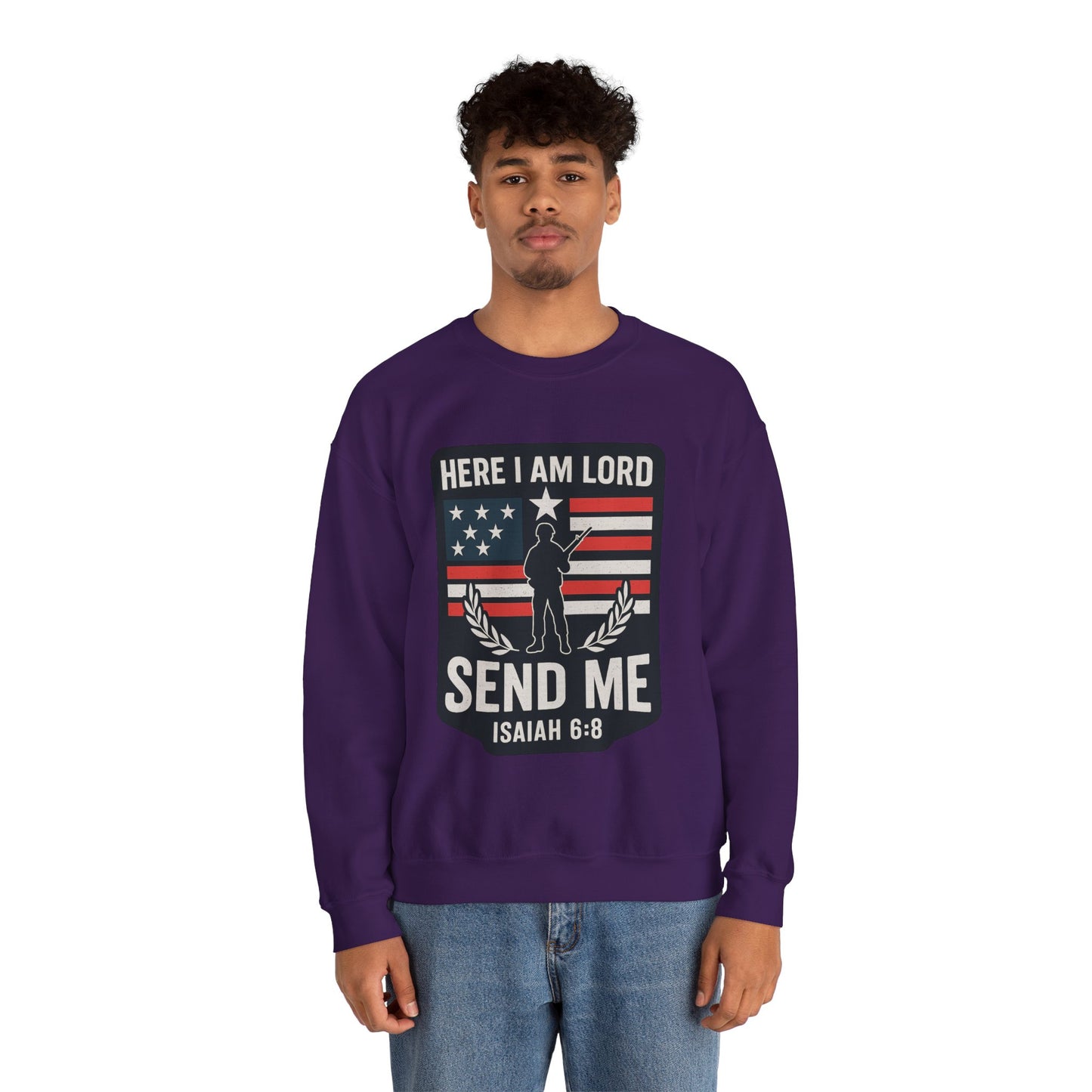 "Here I Am Lord" Isaiah 6:8 Bible Verse Christian Sweatshirt (Soldier Logo)