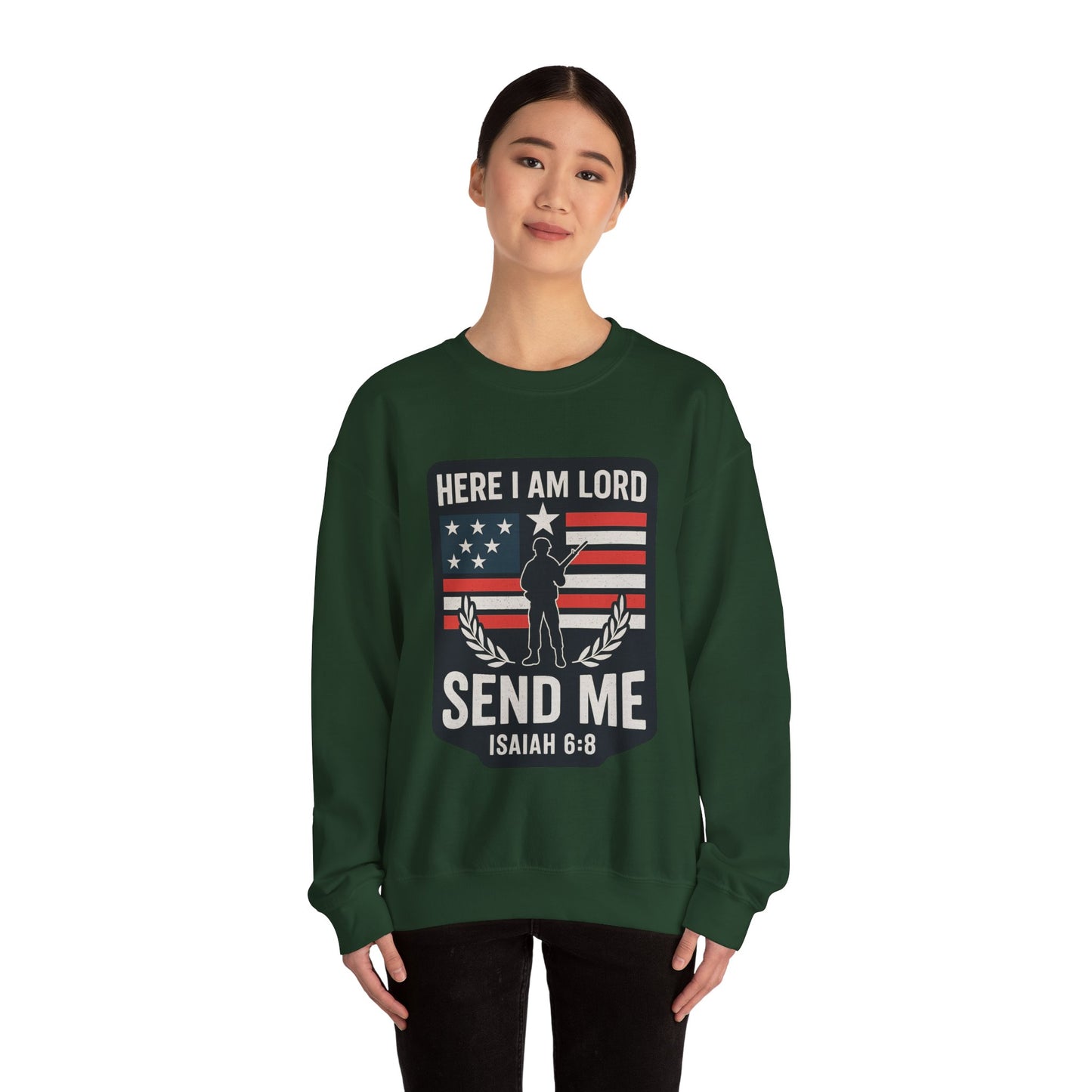 "Here I Am Lord" Isaiah 6:8 Bible Verse Christian Sweatshirt (Soldier Logo)
