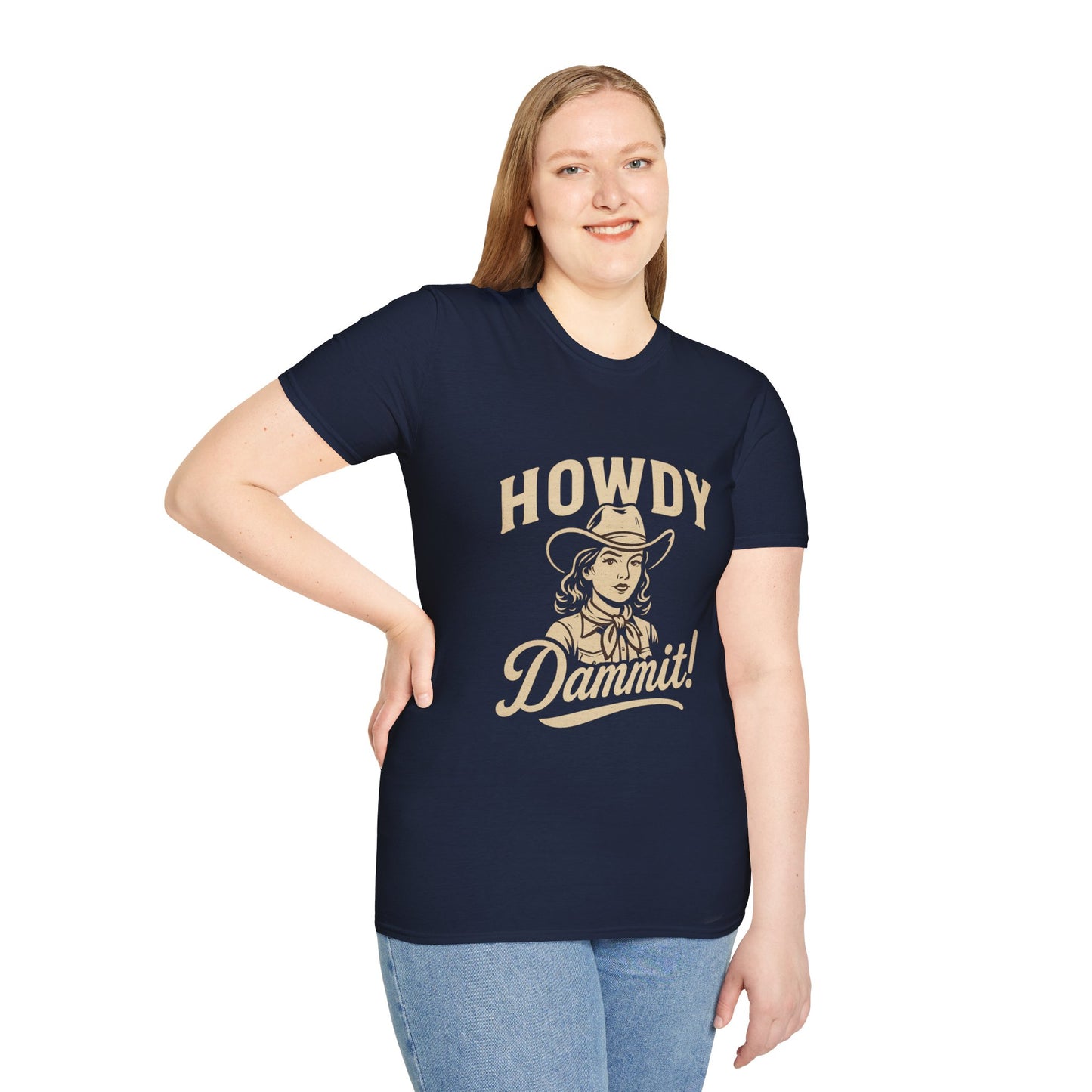 Howdy Dammit! Aggie Texas Cowgirl Softstyle Tshirt (Gold Logo)