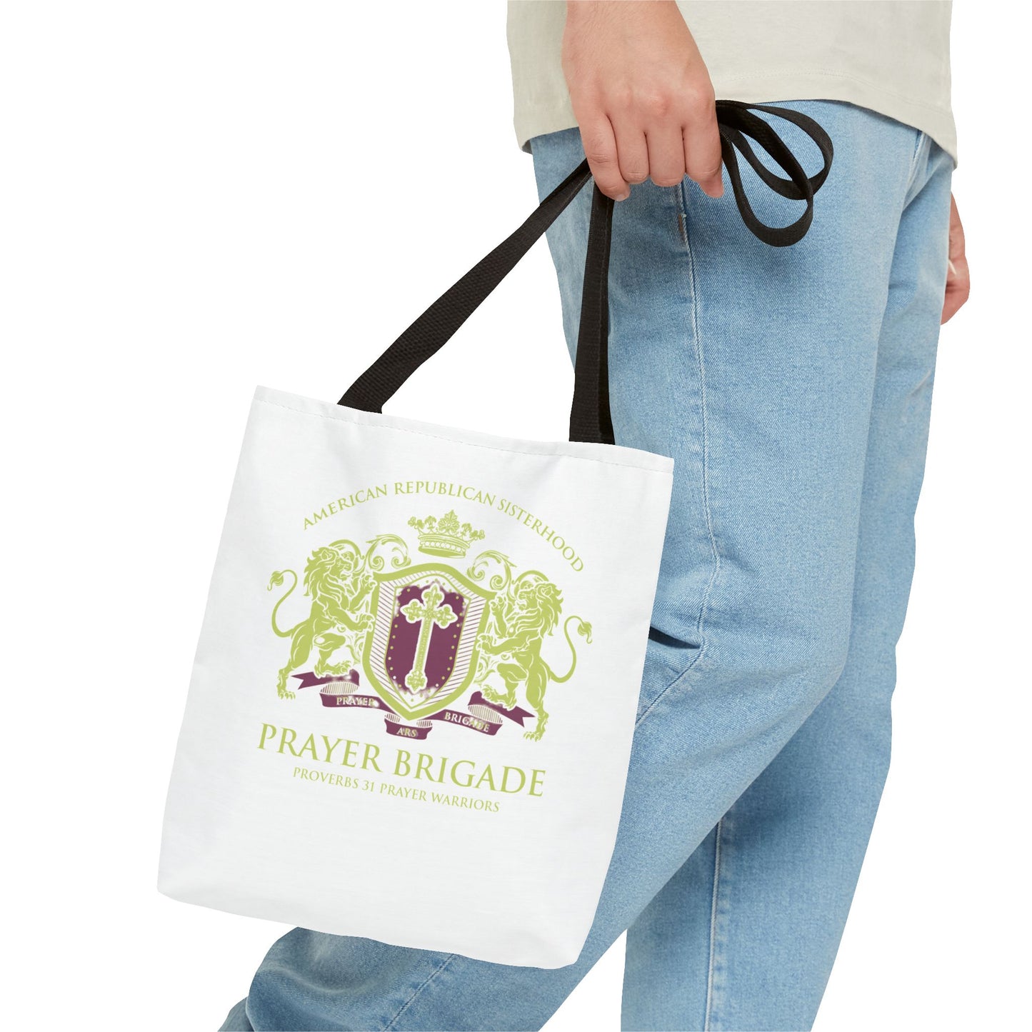ARS Prayer Brigade Tote Bag (White with Green/Purple Logo) - Sweet Baby Jeez Teez