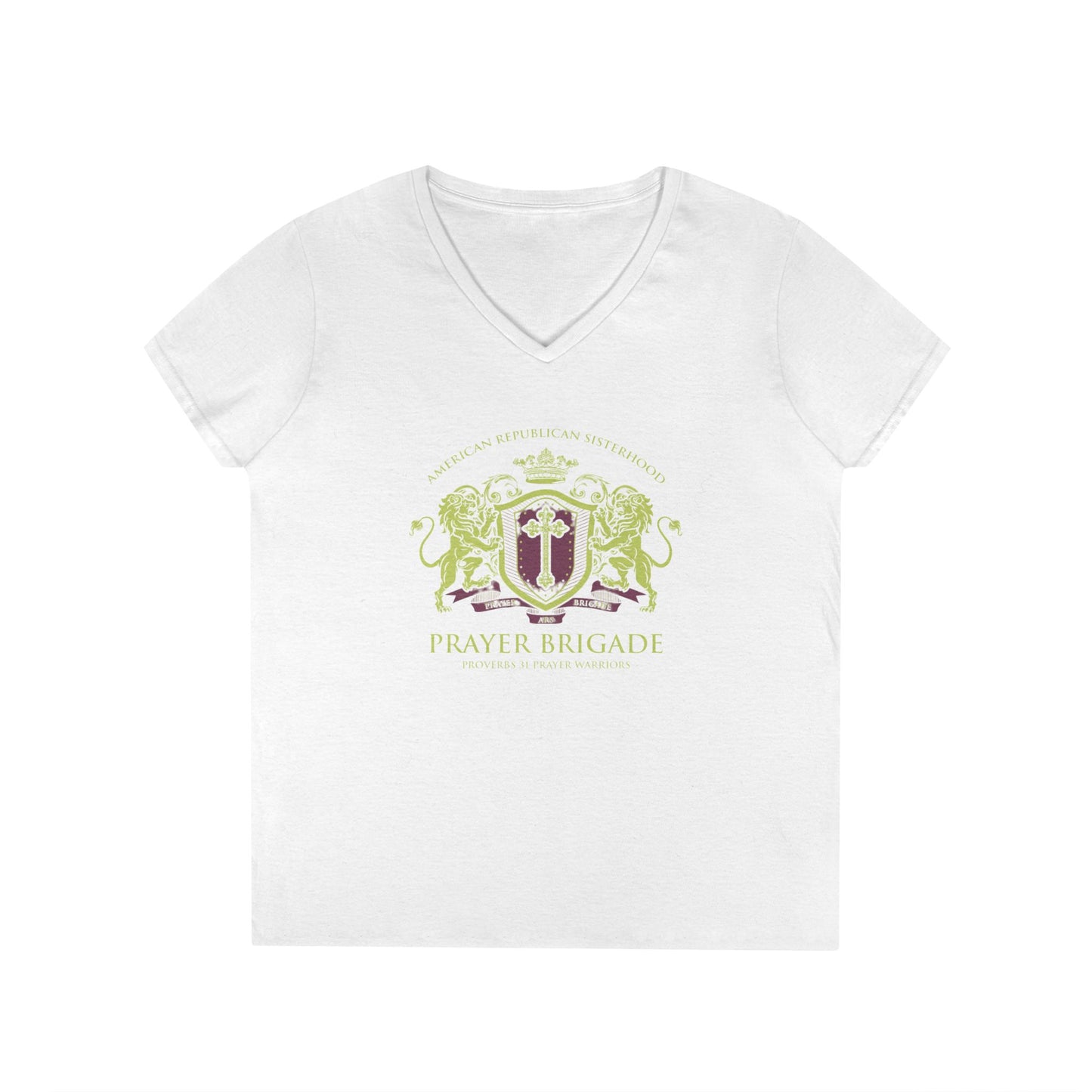 ARS Prayer Brigade Ladies' V-Neck T-Shirt (Green/Purple Logo)