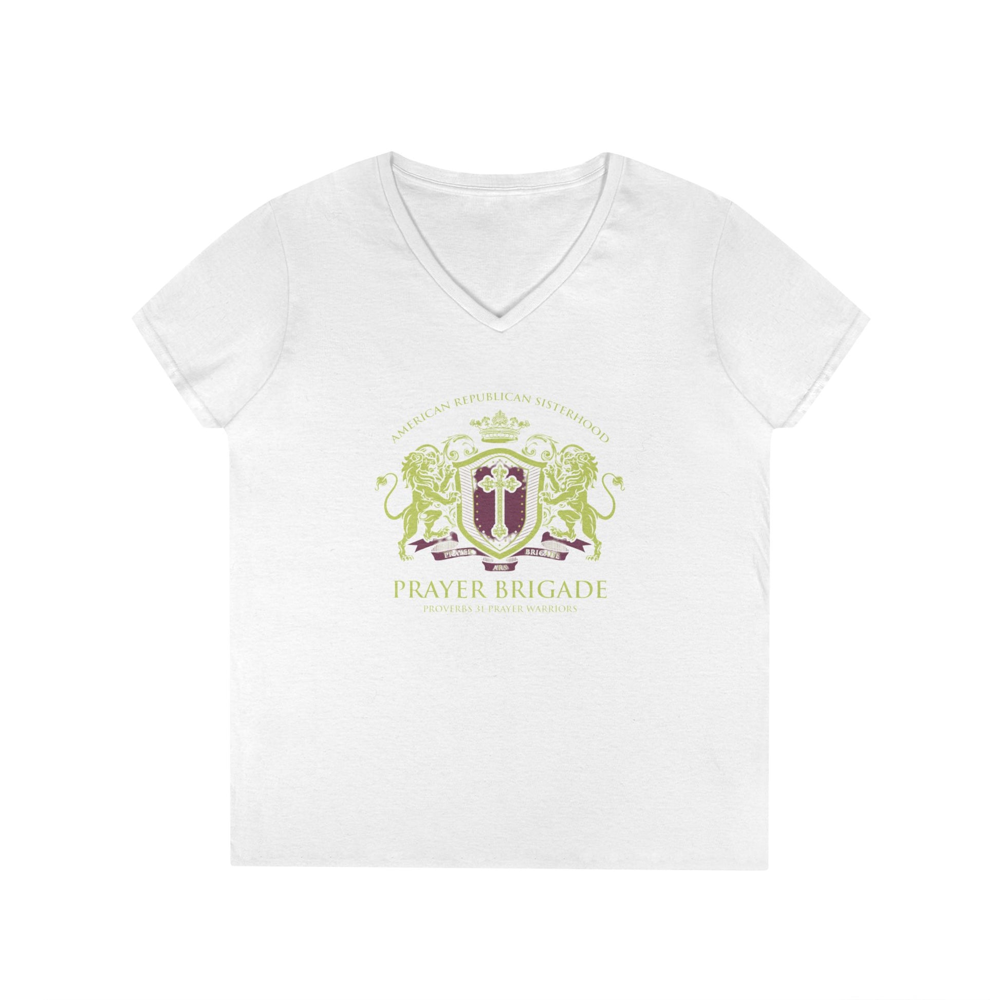 ARS Prayer Brigade Ladies' V-Neck T-Shirt (Green/Purple Logo) - Sweet Baby Jeez Teez