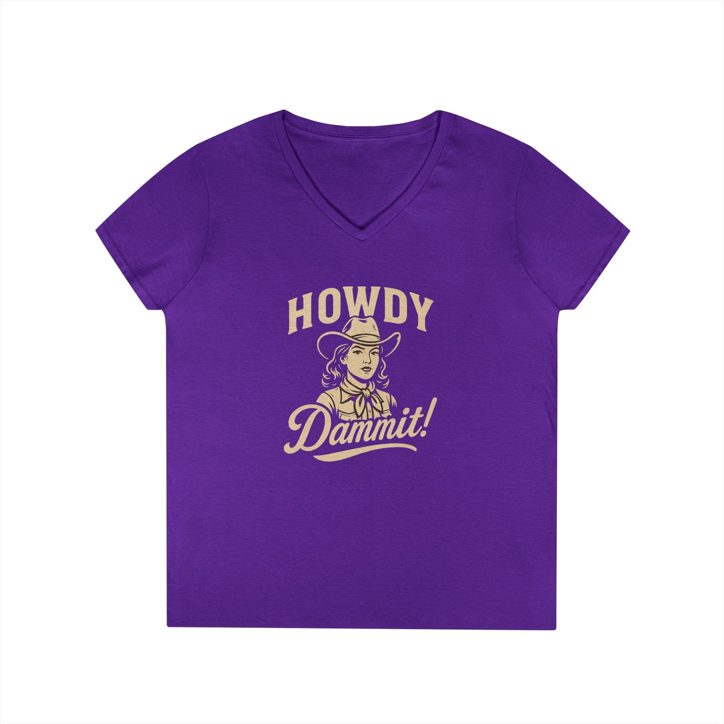 Howdy Dammit! Aggie Texas Cowgirl Ladies V-Neck Tshirt (Gold Logo)