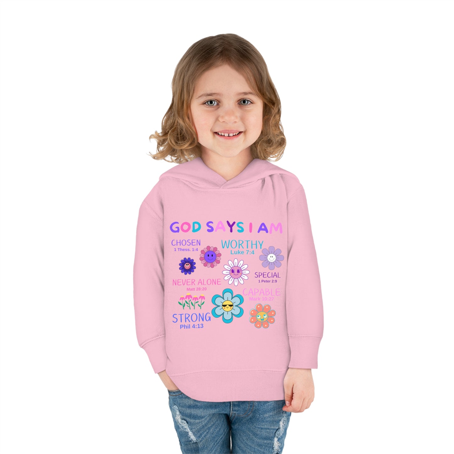 God Says I Am Toddler Fleece Hoodie (Flower Logo) - Sweet Baby Jeez Teez