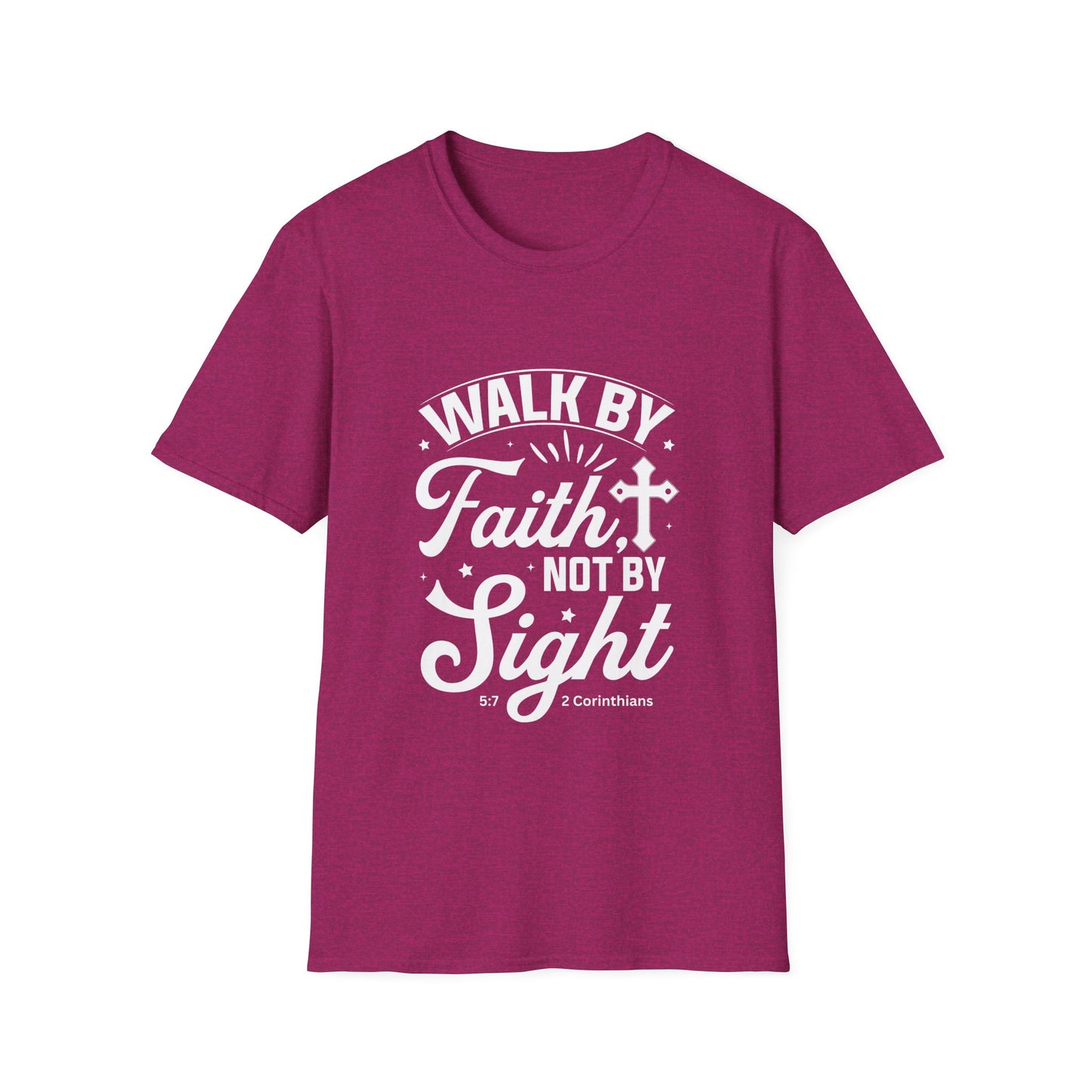 Walk by Faith 2 Corinth. 5:7 Bible Verse Christian Softstyle Tshirt (White Logo)