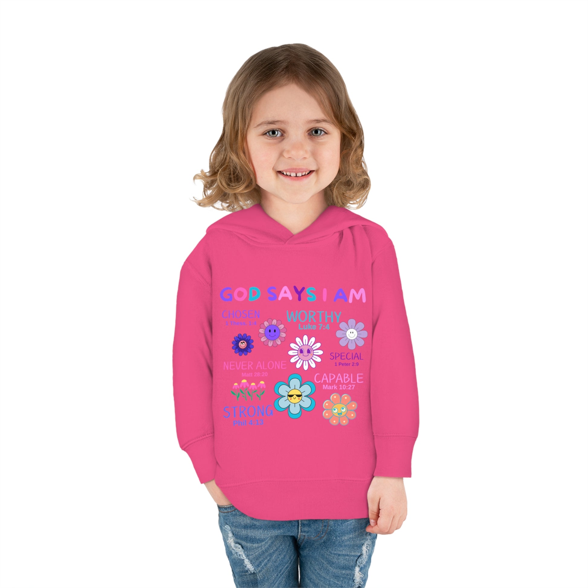 God Says I Am Toddler Fleece Hoodie (Flower Logo) - Sweet Baby Jeez Teez
