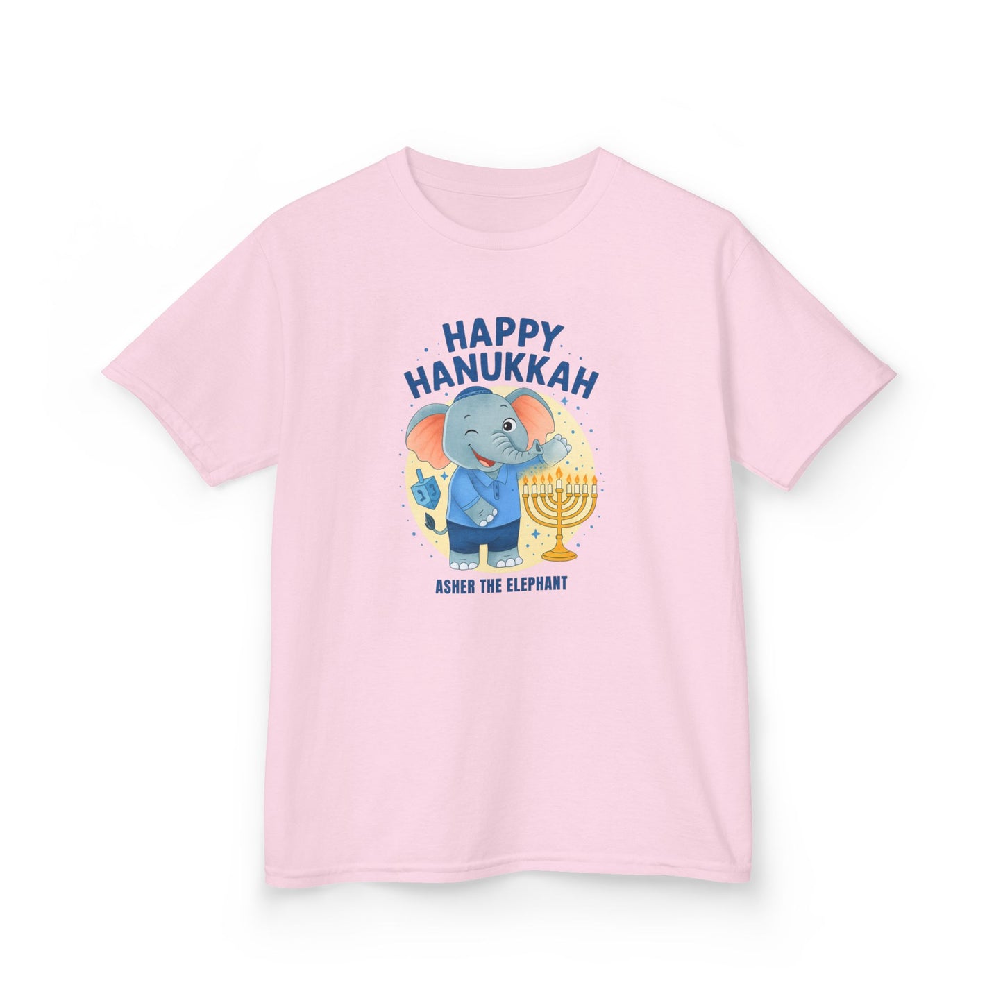 Happy Hanukkah Asher the Elephant Kids Tshirt (Wink Logo)